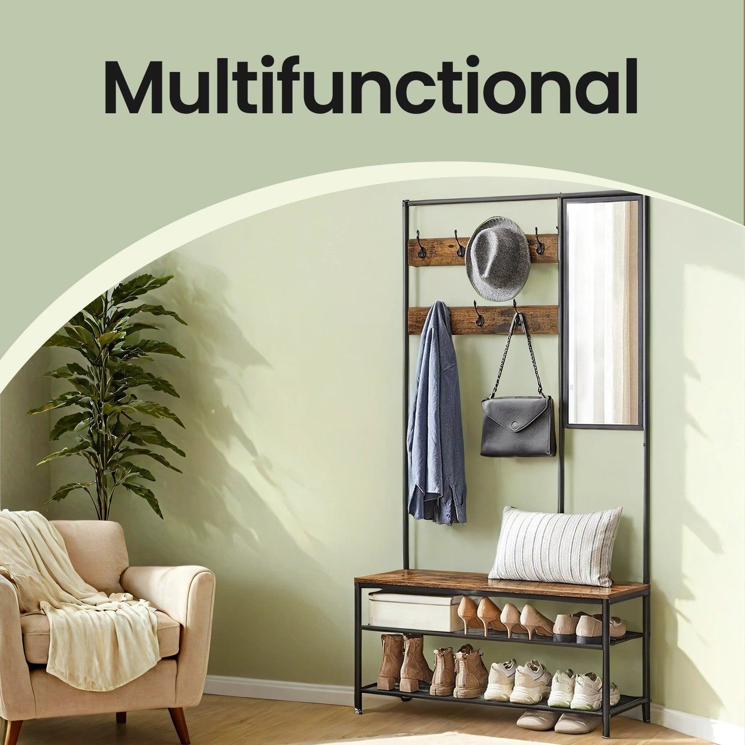 Coat Rack - MDF - Camel Brown - With Mirror and Shoe Storage