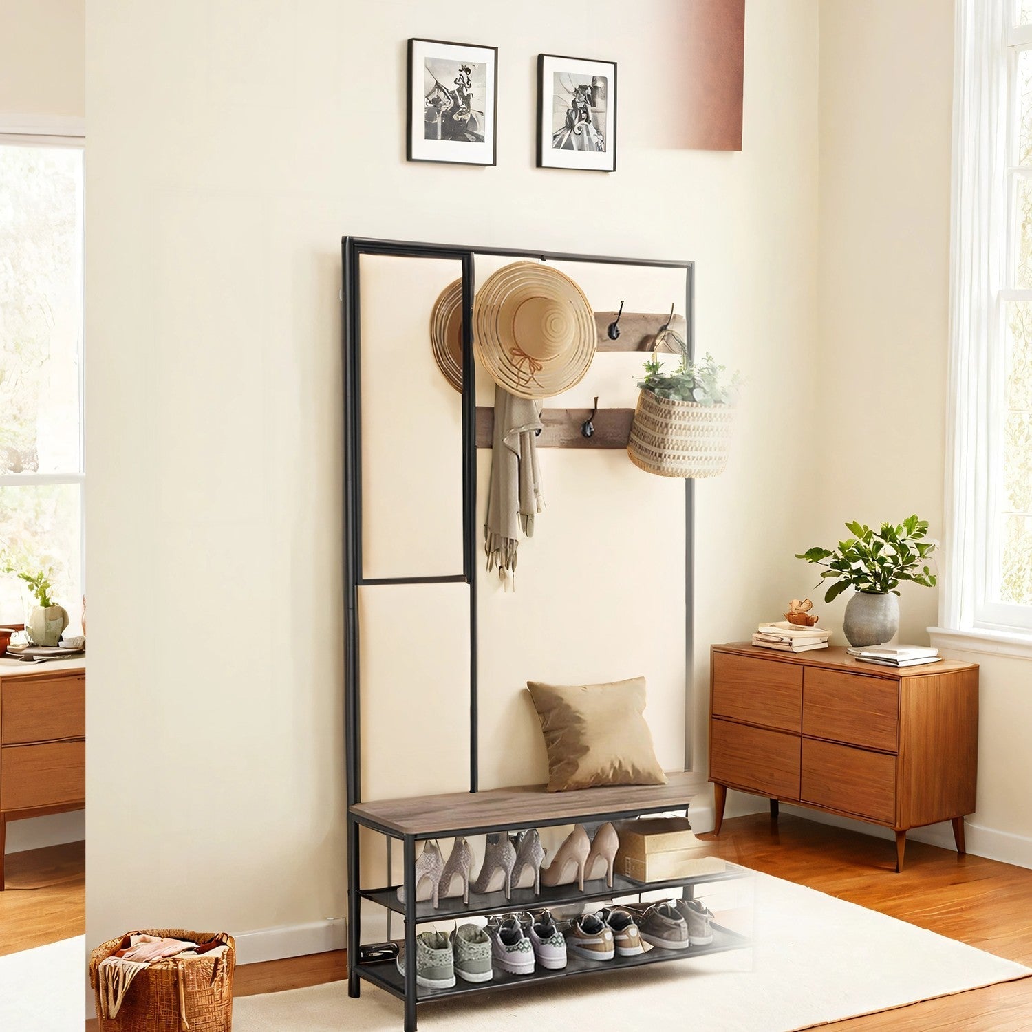 Coat Rack - MDF - Camel Brown - With Mirror and Shoe Storage