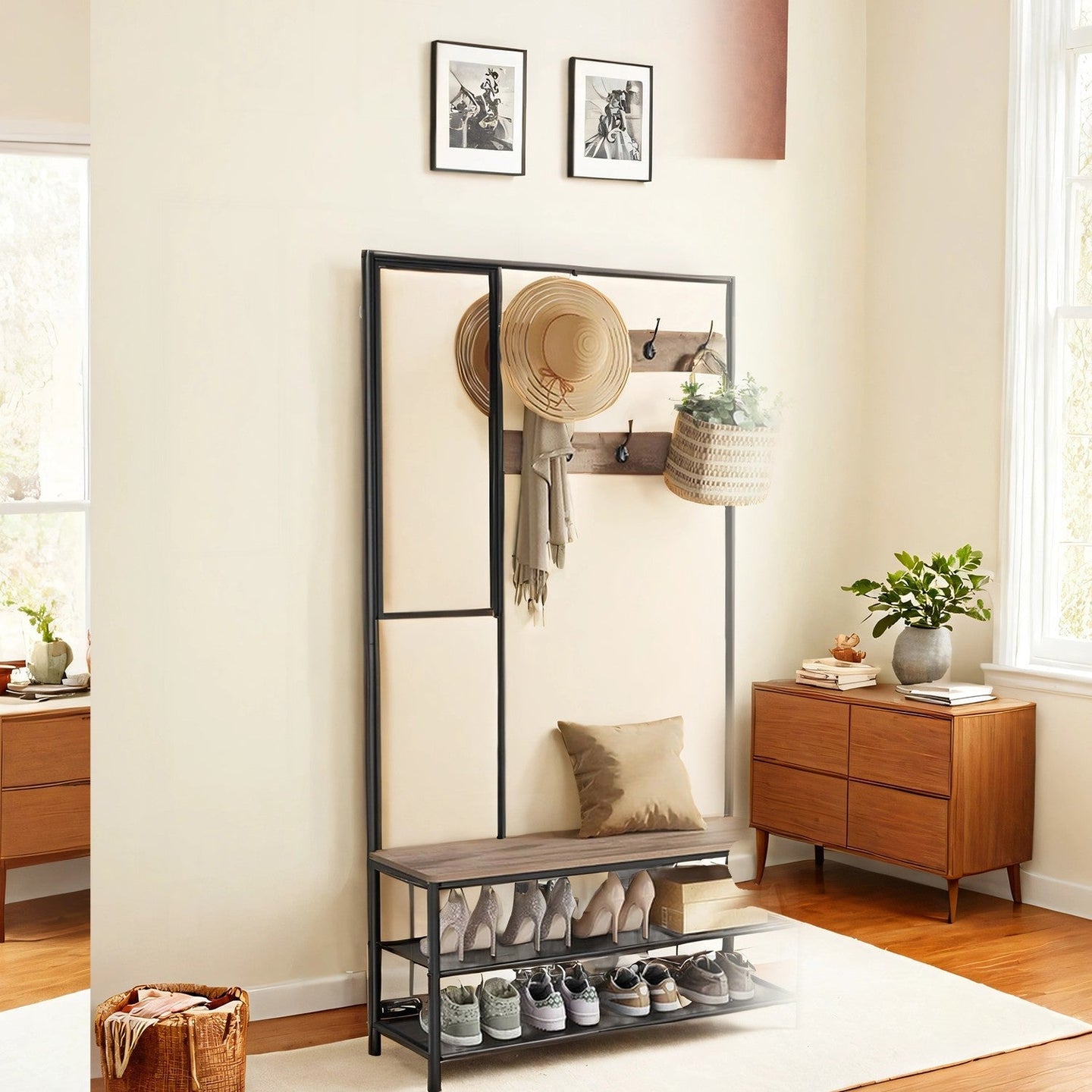 Coat Rack - MDF - Camel Brown - With Mirror and Shoe Storage