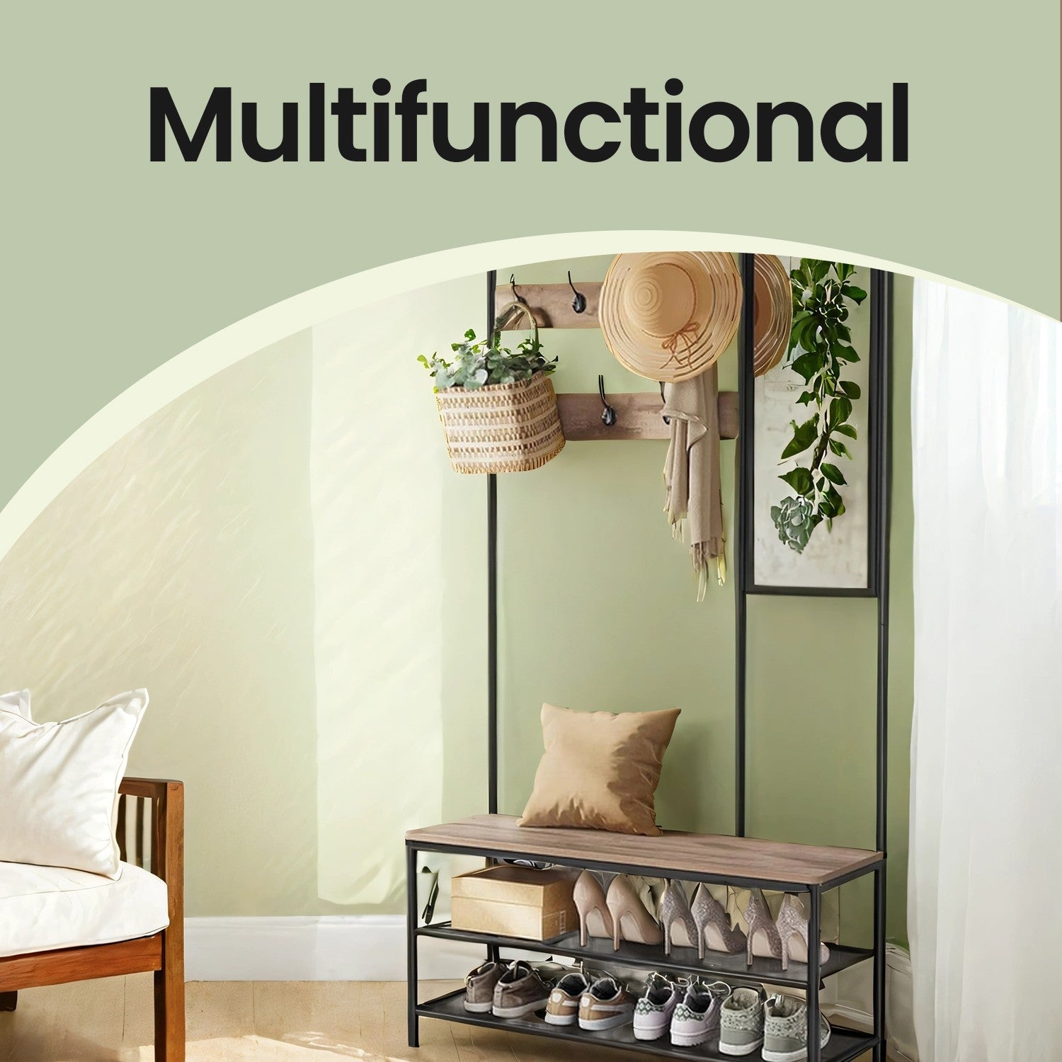 Coat Rack - MDF - Camel Brown - With Mirror and Shoe Storage