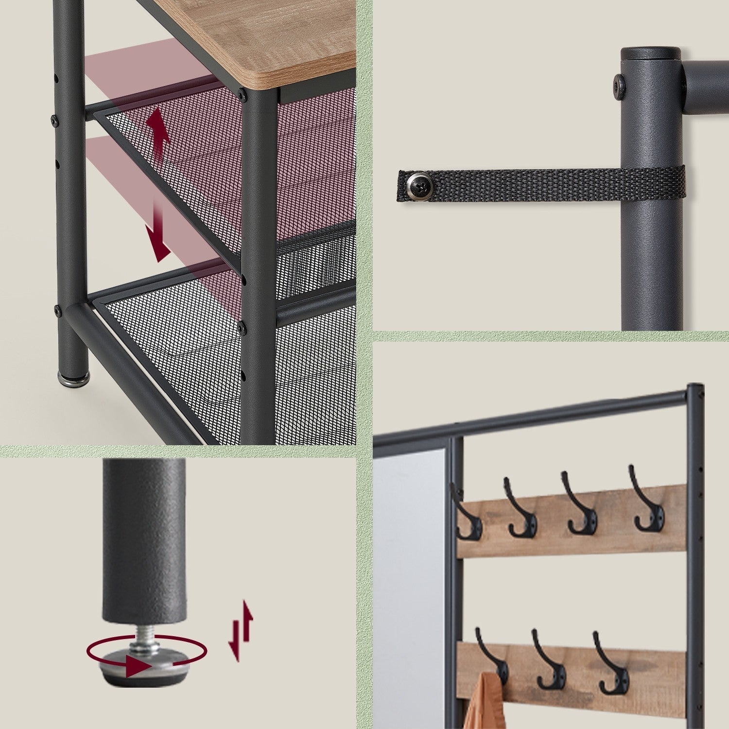 Coat Rack - MDF - Camel Brown - With Mirror and Shoe Storage