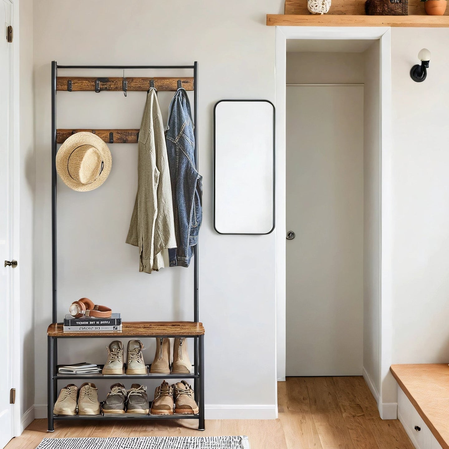 Coat and Shoe Rack - Metal - Greige and Black - With Storage Bench