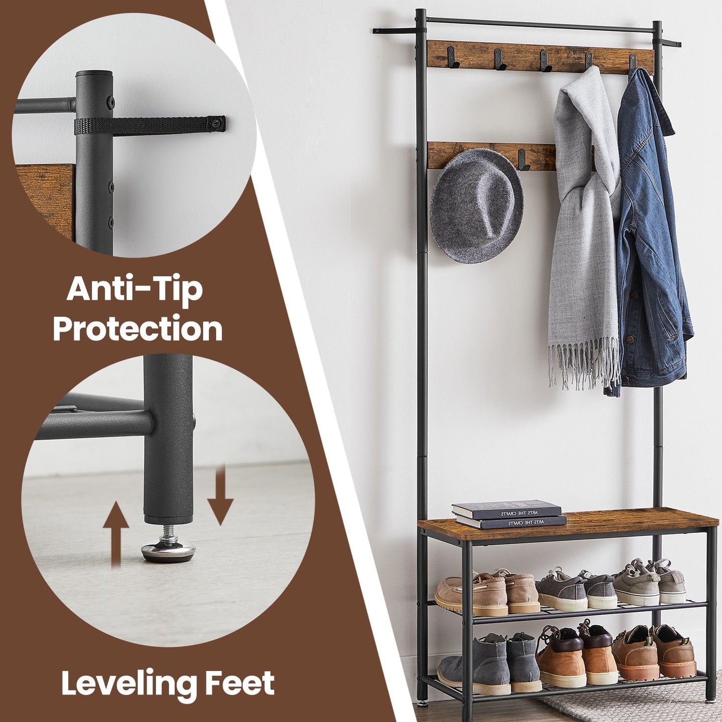Coat and Shoe Rack - Metal - Greige and Black - With Storage Bench