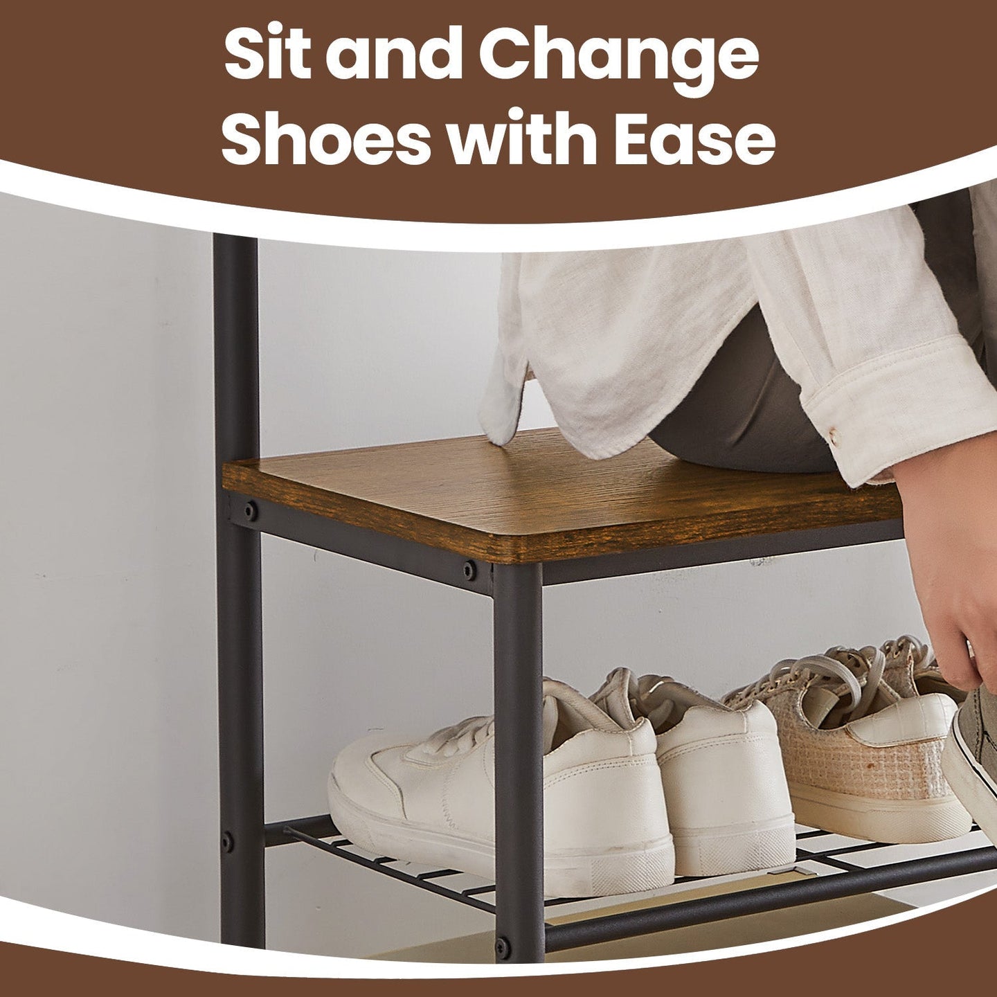 Coat and Shoe Rack - Metal - Greige and Black - With Storage Bench