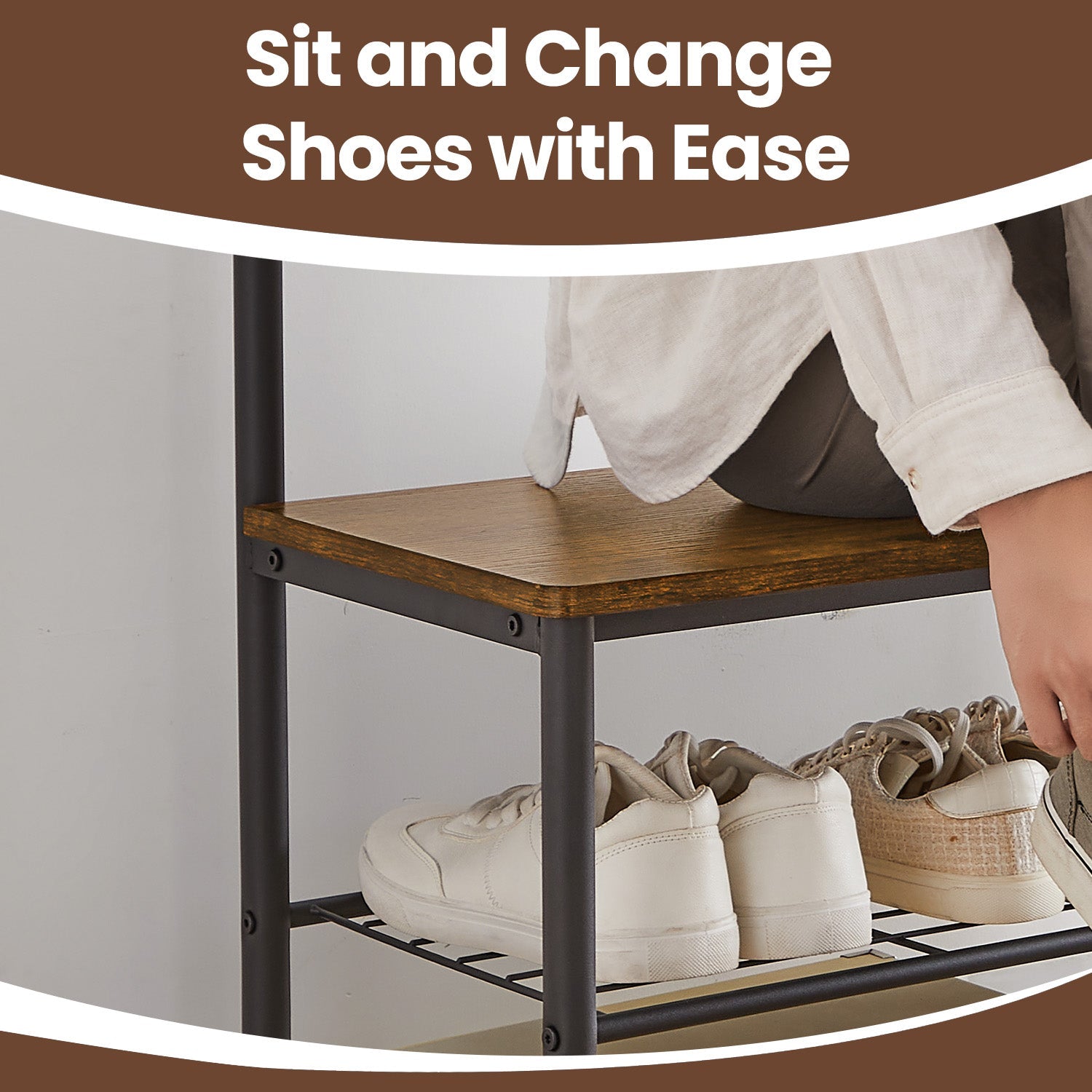 Coat and Shoe Rack - Metal - Greige and Black - With Storage Bench