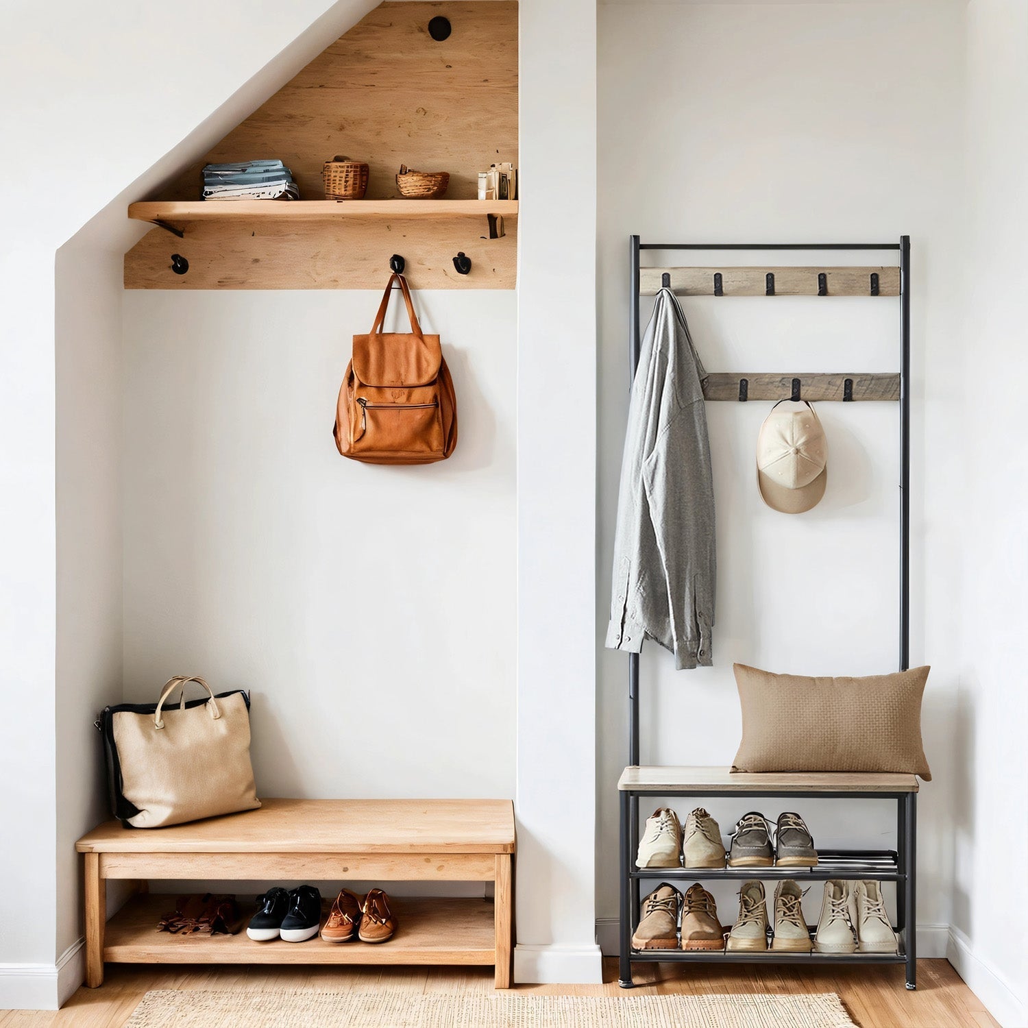 Coat and Shoe Rack - Wood - Greige and Black - With Storage Bench