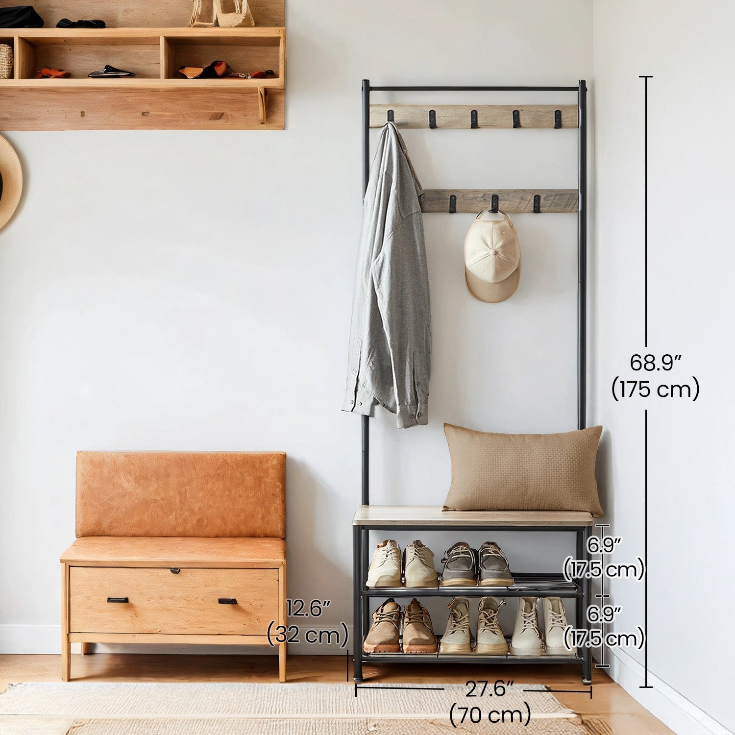Coat and Shoe Rack - Wood - Greige and Black - With Storage Bench