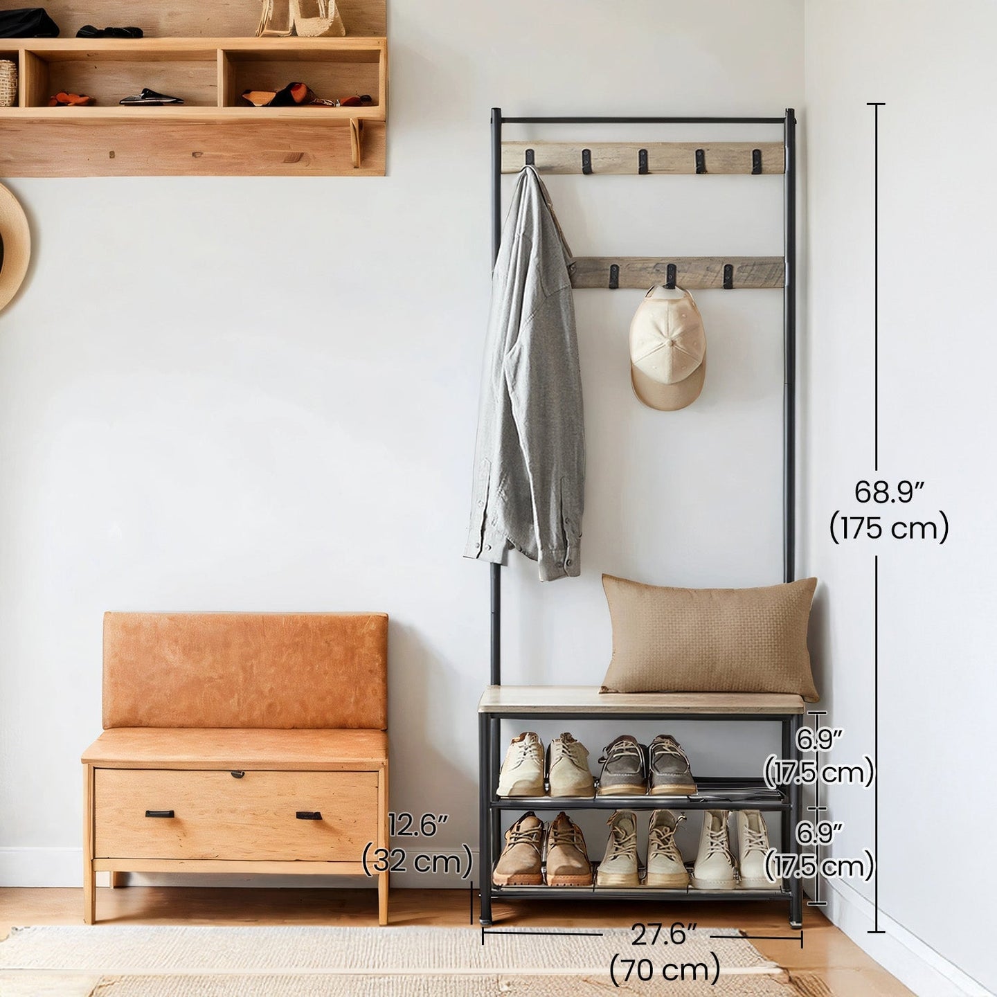 Coat and Shoe Rack - Wood - Greige and Black - With Storage Bench