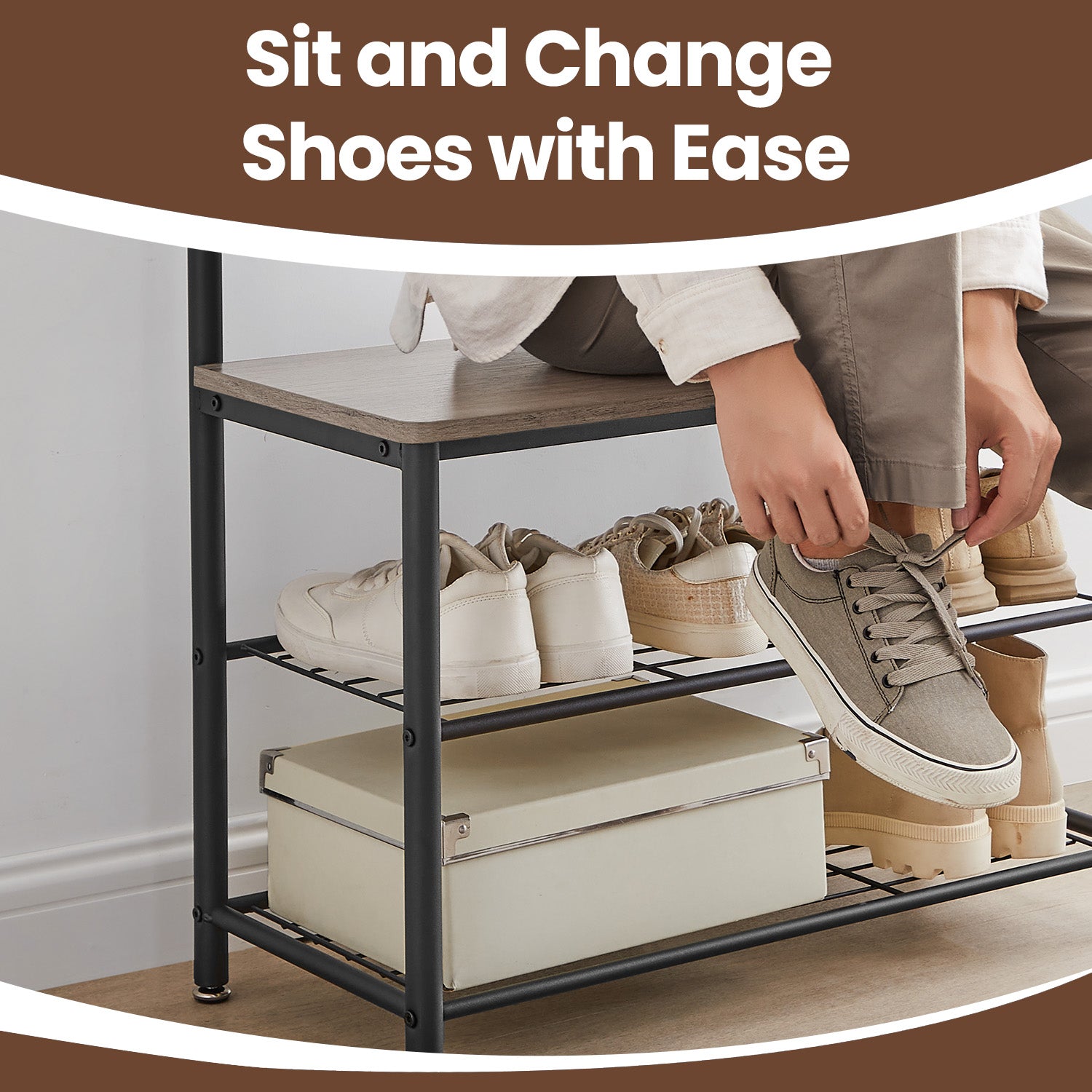 Coat and Shoe Rack - Wood - Greige and Black - With Storage Bench