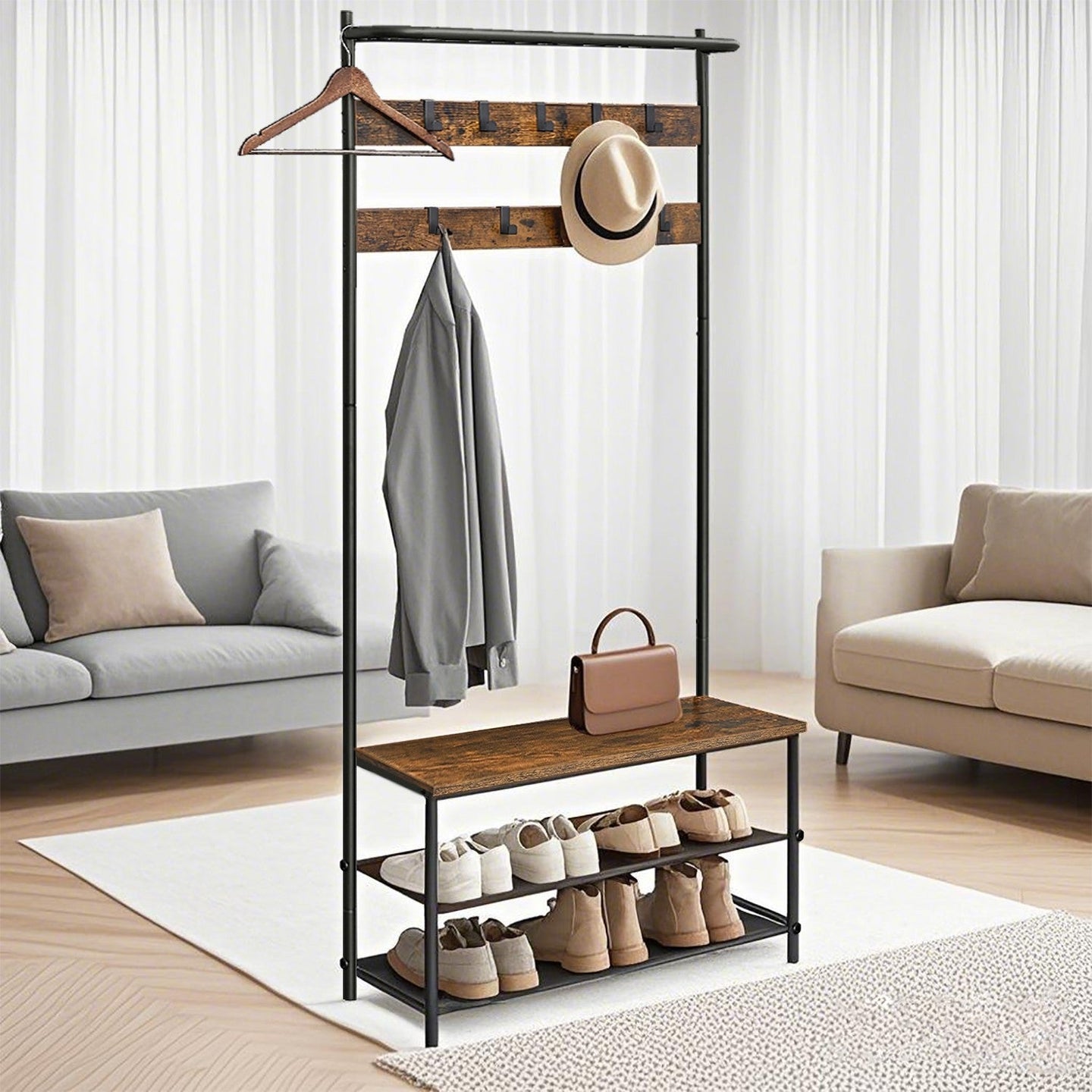 Hall Tree - Metal - Greige and Black - Entryway Bench with Coat Rack and Shoe Storage