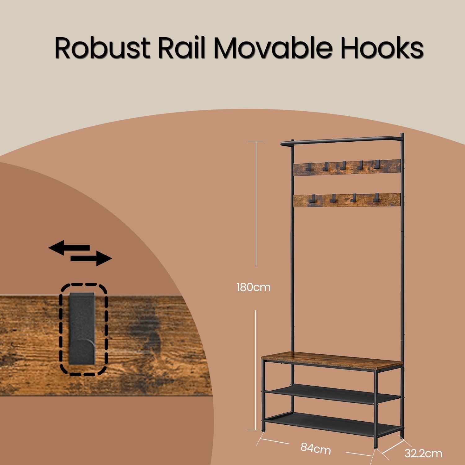 Hall Tree - Metal - Greige and Black - Entryway Bench with Coat Rack and Shoe Storage