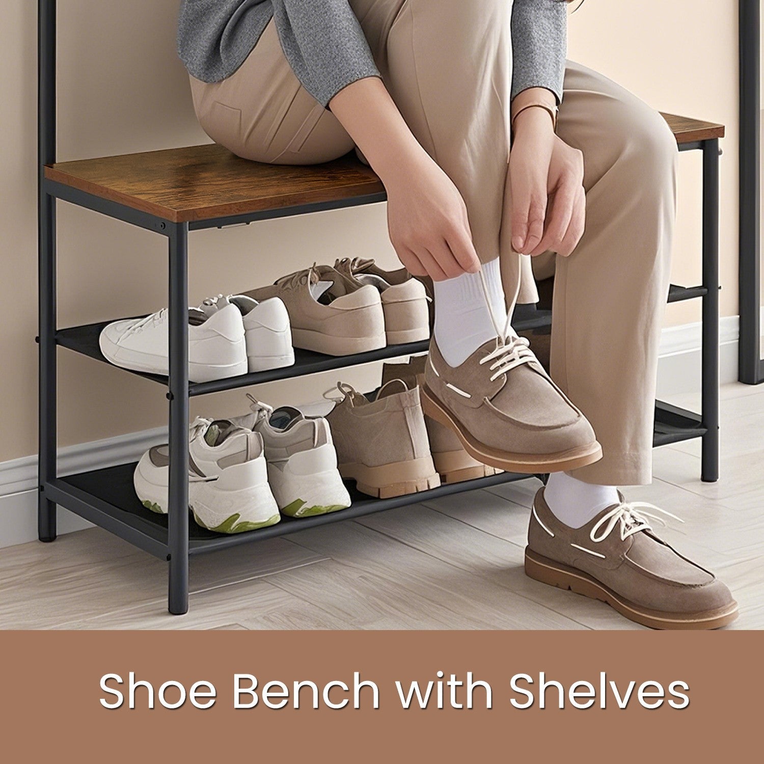 Hall Tree - Metal - Greige and Black - Entryway Bench with Coat Rack and Shoe Storage