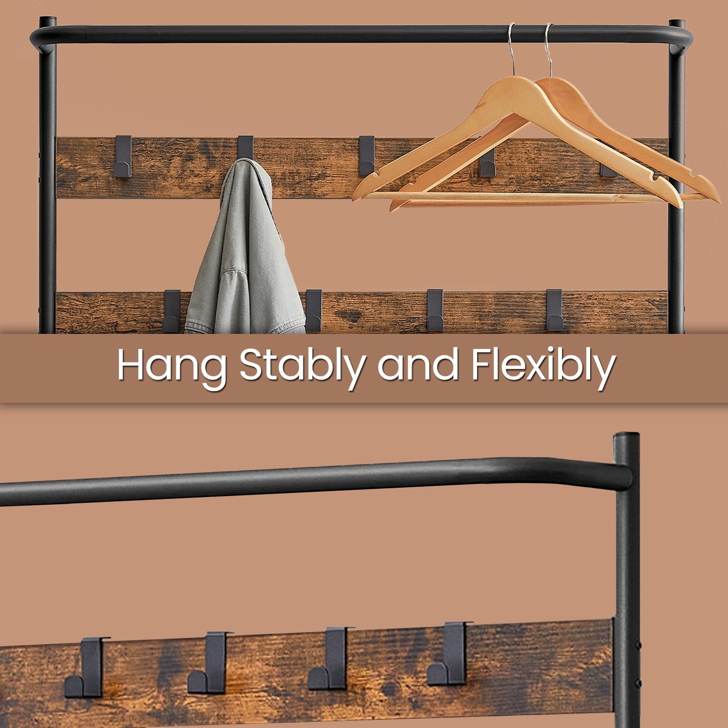 Hall Tree - Metal - Greige and Black - Entryway Bench with Coat Rack and Shoe Storage