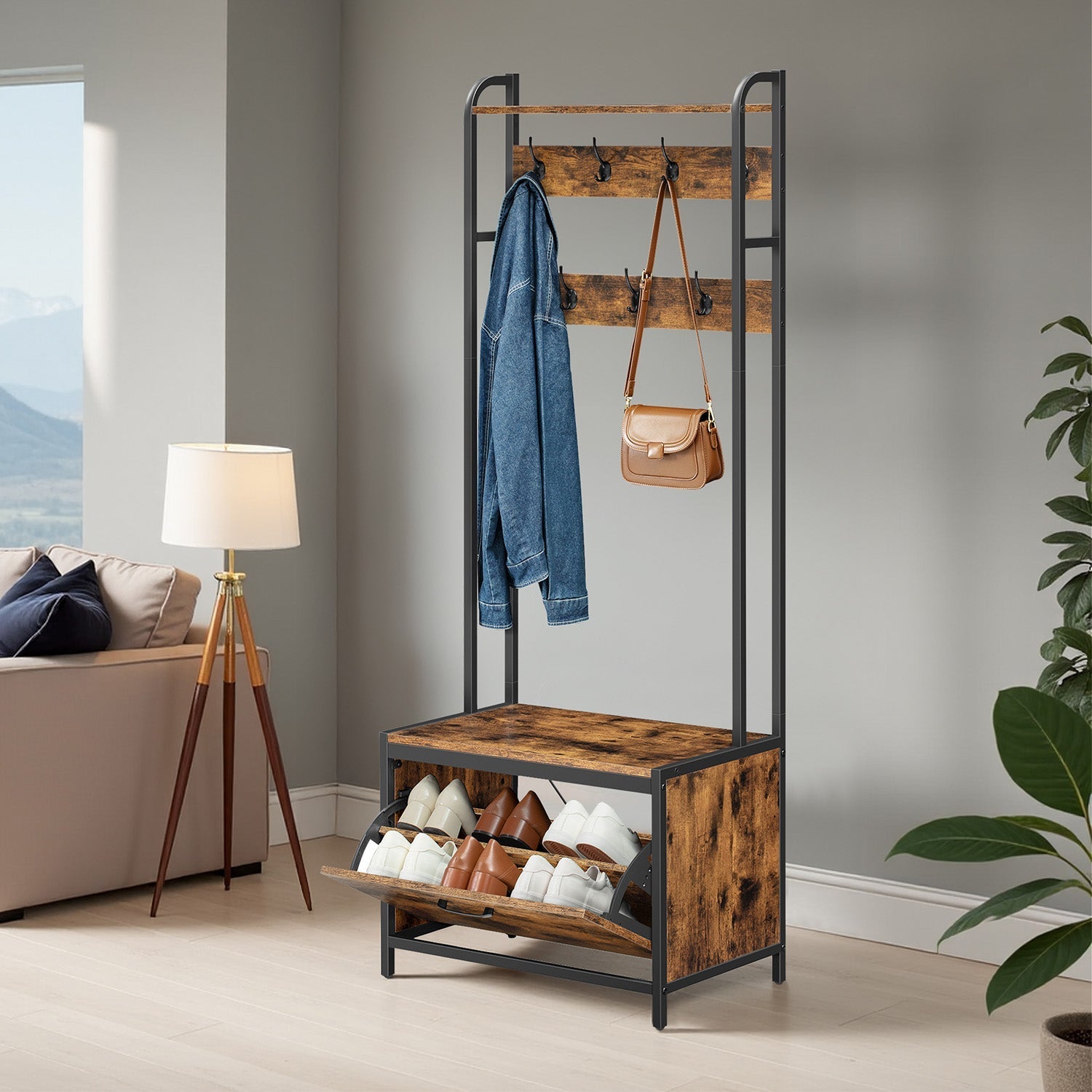 Industrial Hall Tree - Wood - Rustic Brown and Black - Bench with Shoe Storage
