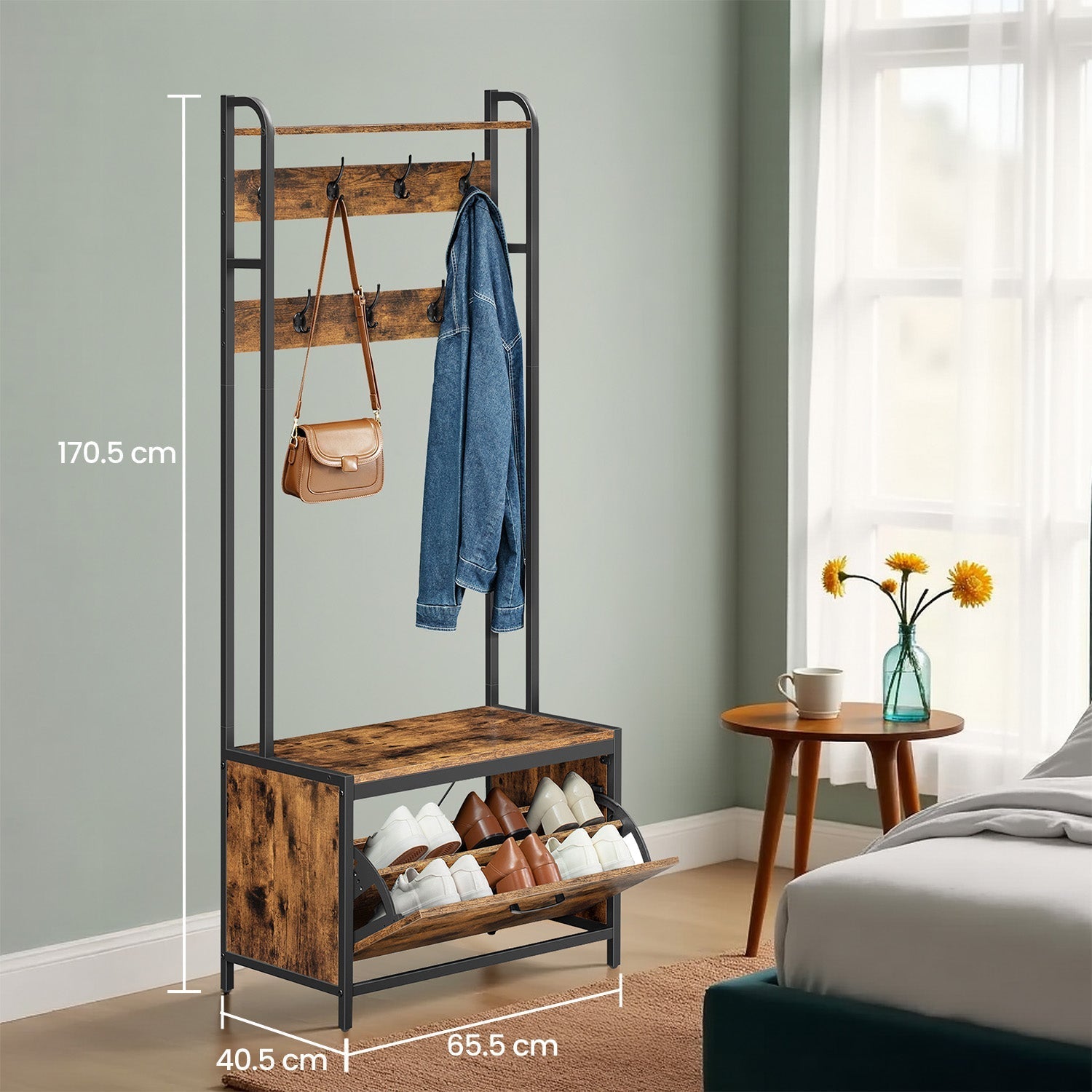 Industrial Hall Tree - Wood - Rustic Brown and Black - Bench with Shoe Storage