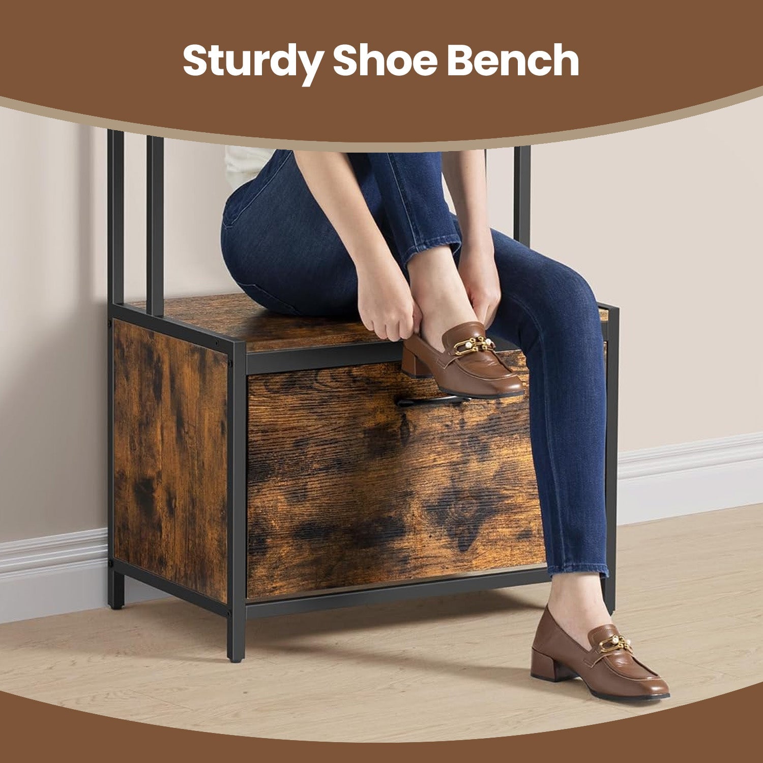 Industrial Hall Tree - Wood - Rustic Brown and Black - Bench with Shoe Storage