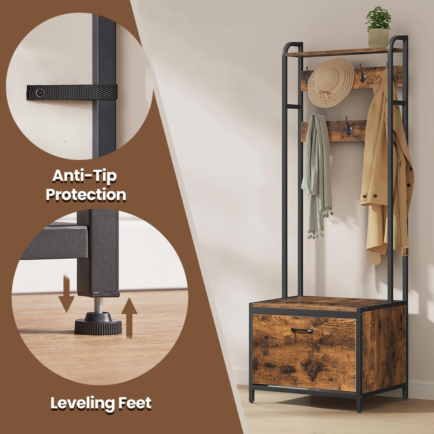 Industrial Hall Tree - Wood - Rustic Brown and Black - Bench with Shoe Storage