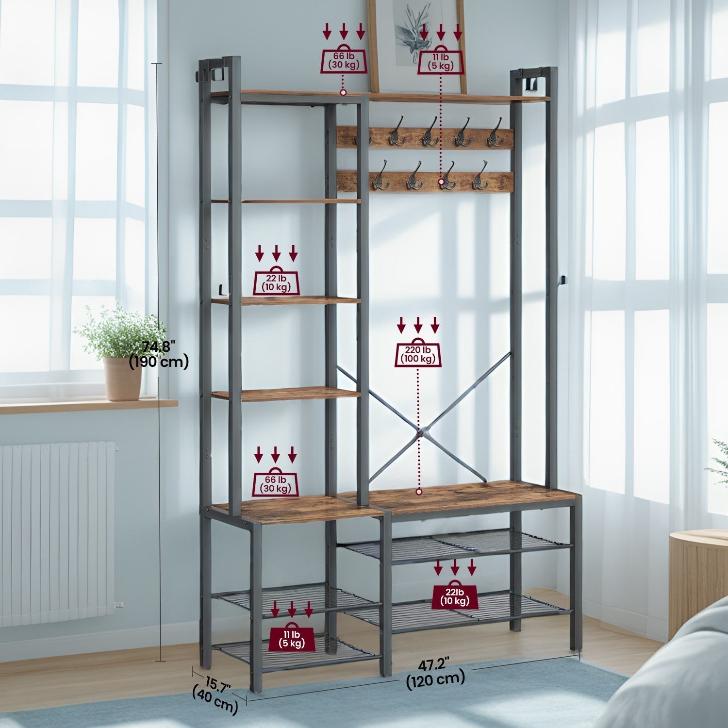Hall Tree - Wood - Vintage Brown - With Bench and 5 Storage Shelves