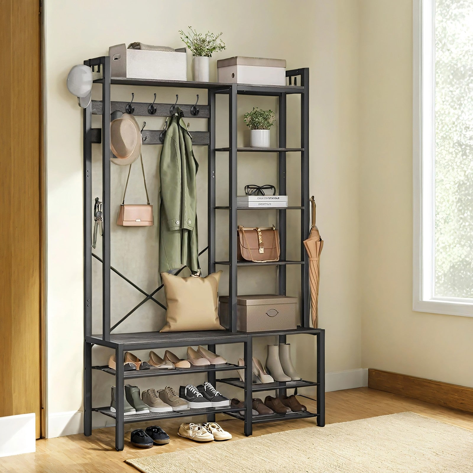 Hallway Coat Rack, Hall Tree - Wood and Steel - Grey - with Bench