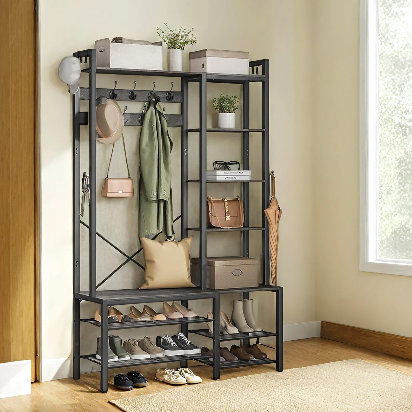 Hallway Coat Rack, Hall Tree - Wood and Steel - Grey - with Bench