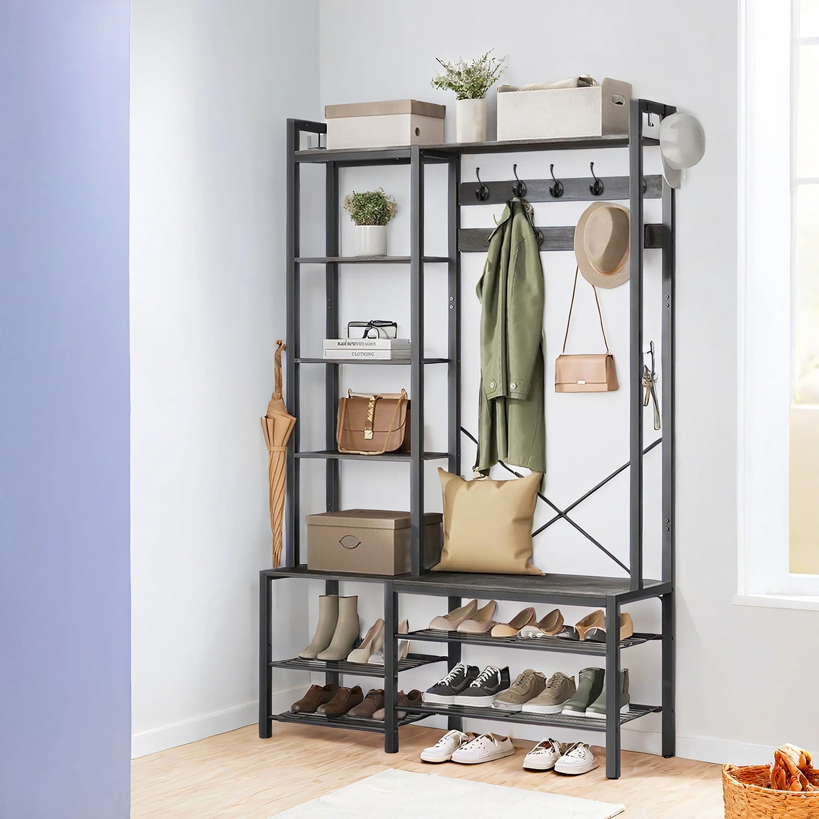 Hallway Coat Rack, Hall Tree - Wood and Steel - Grey - with Bench