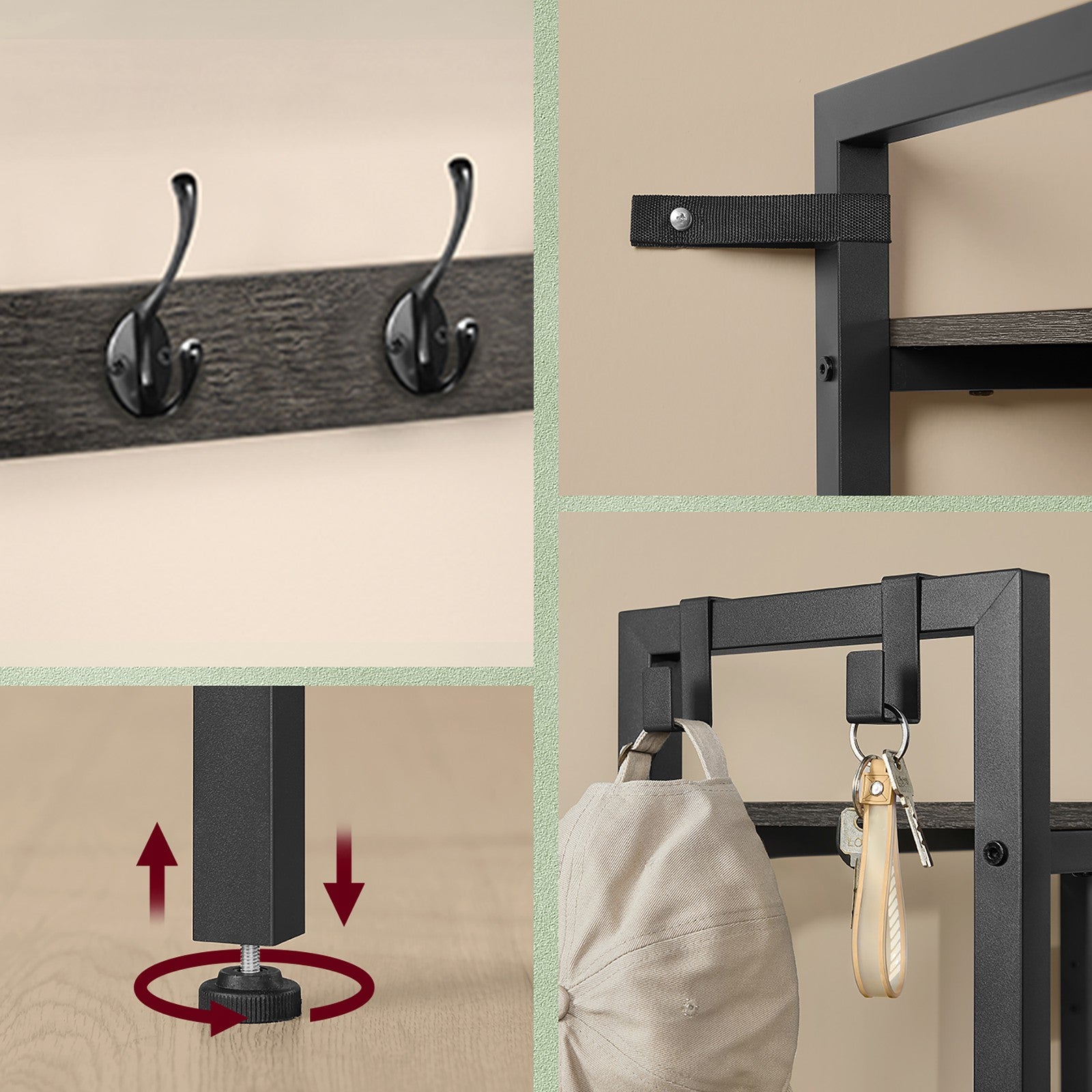 Hallway Coat Rack, Hall Tree - Wood and Steel - Grey - with Bench