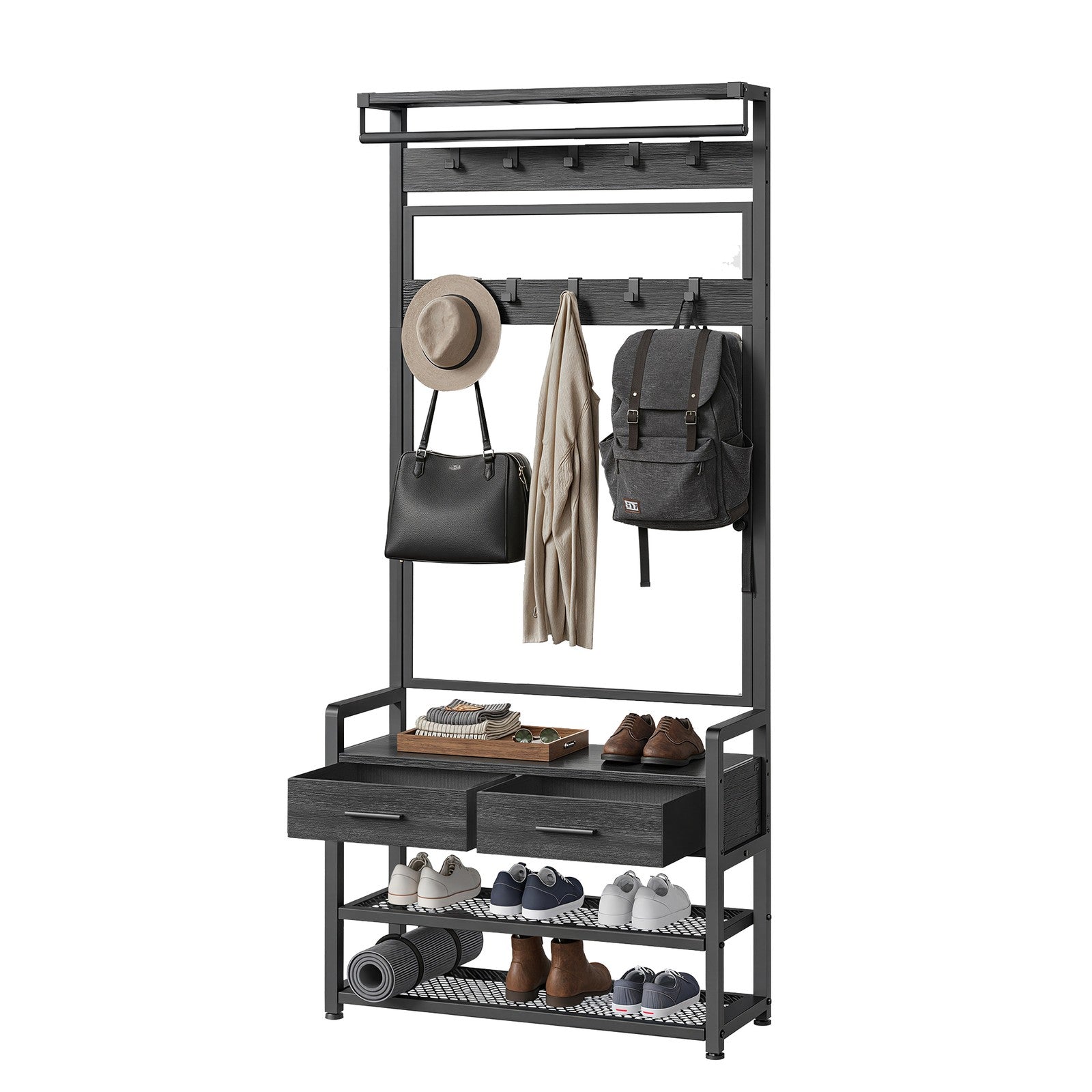 Coat Rack with Shoe Bench - Engineered Wood - Dark Gray - Includes Drawers and Hooks
