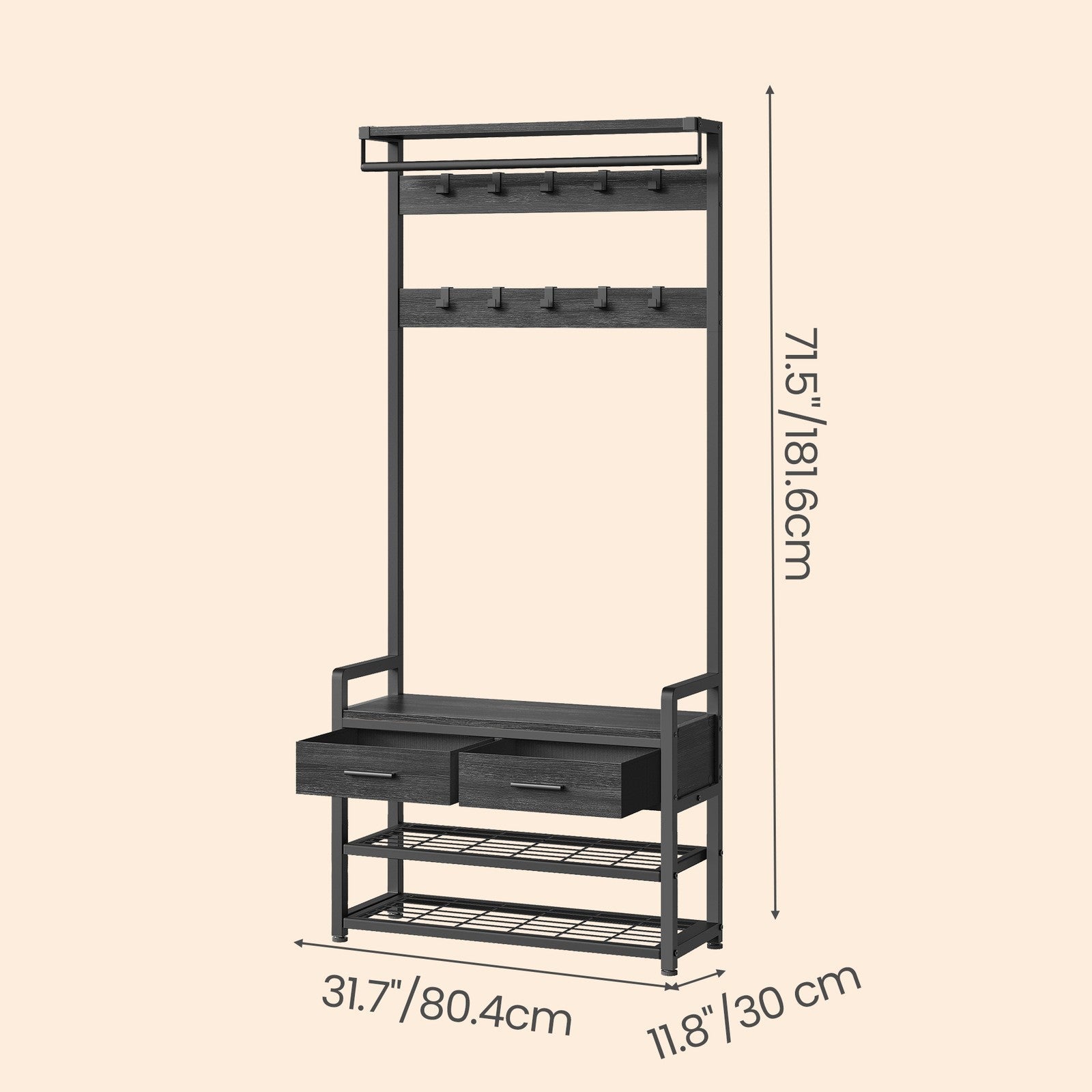 Coat Rack with Shoe Bench - Engineered Wood - Dark Gray - Includes Drawers and Hooks