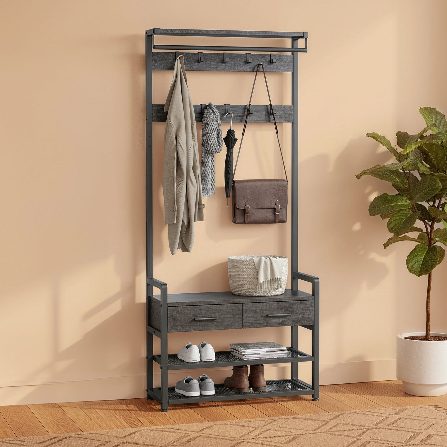 Coat Rack with Shoe Bench - Engineered Wood - Dark Gray - Includes Drawers and Hooks