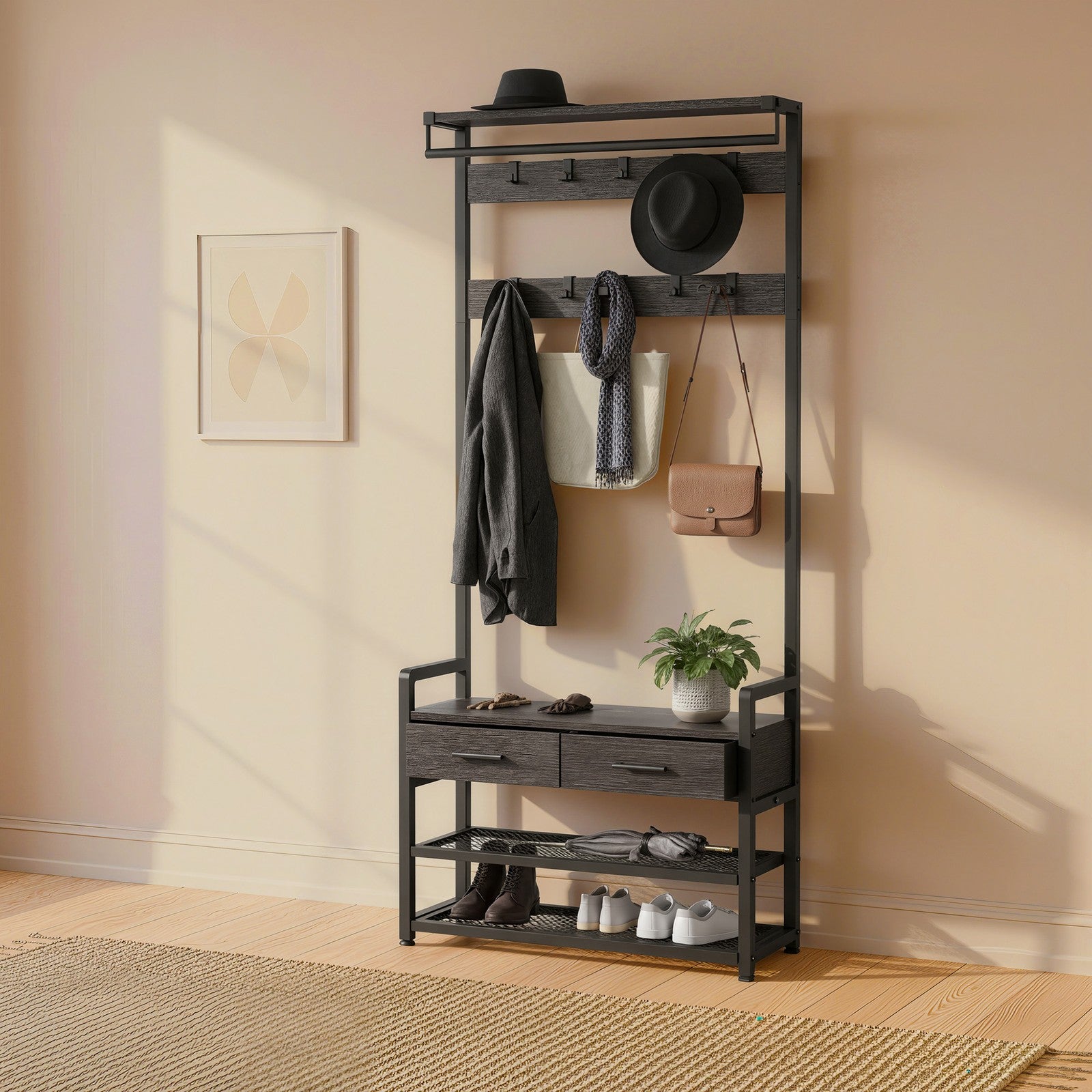 Coat Rack with Shoe Bench - Engineered Wood - Dark Gray - Includes Drawers and Hooks