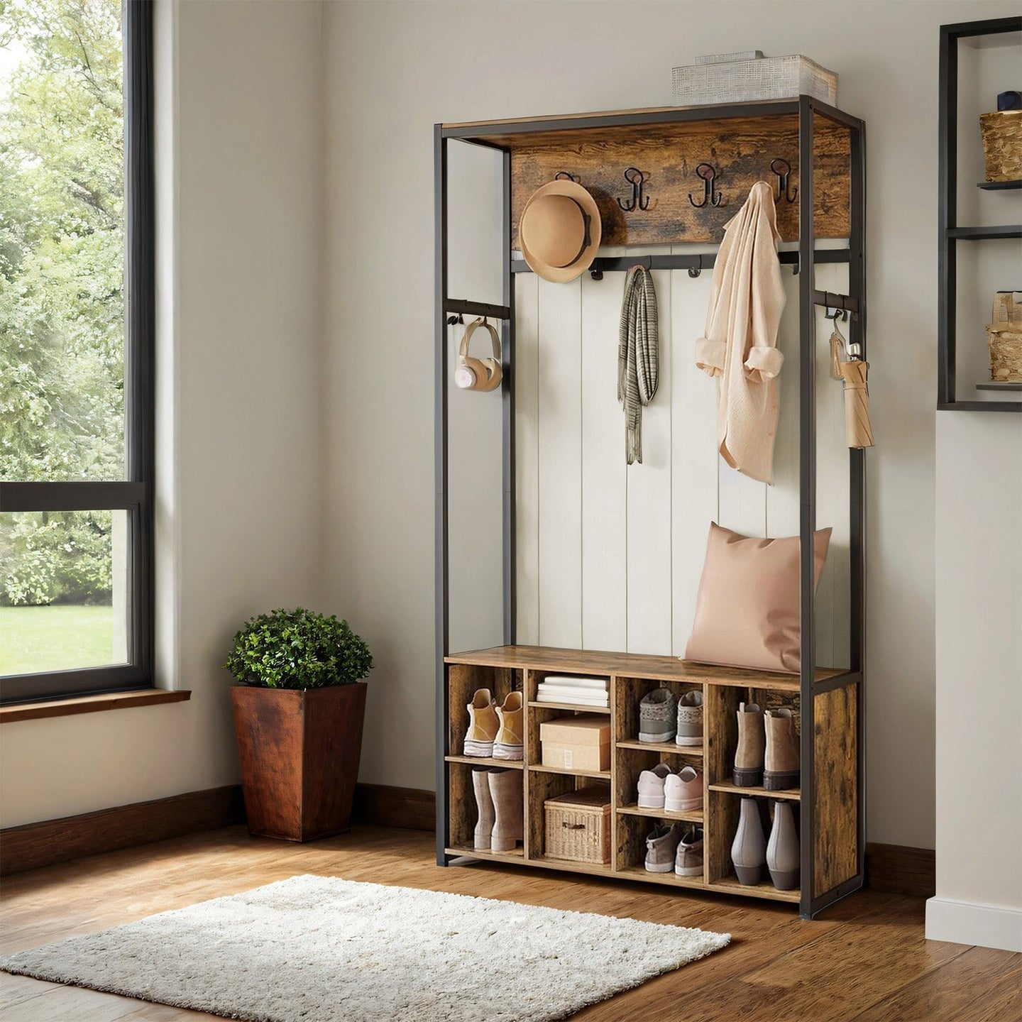 Coat Rack with Shoe Storage Cabinet - Wood - Rustic Brown - Space Saving Design