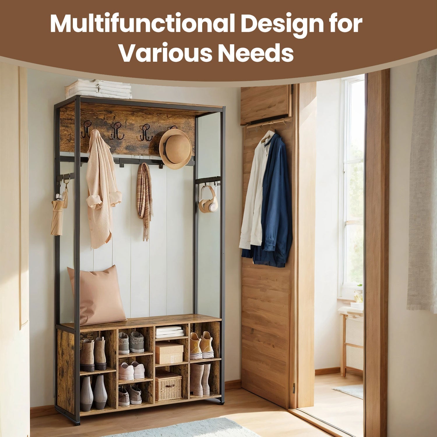 Coat Rack with Shoe Storage Cabinet - Wood - Rustic Brown - Space Saving Design