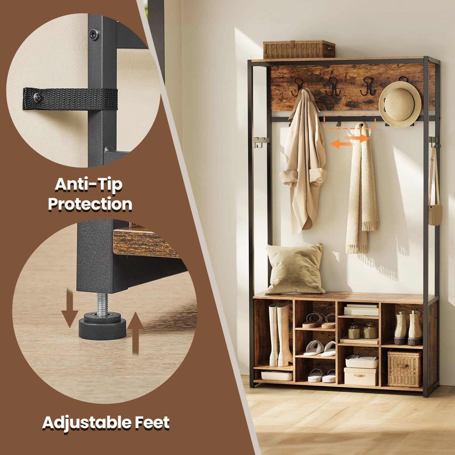 Coat Rack with Shoe Storage Cabinet - Wood - Rustic Brown - Space Saving Design