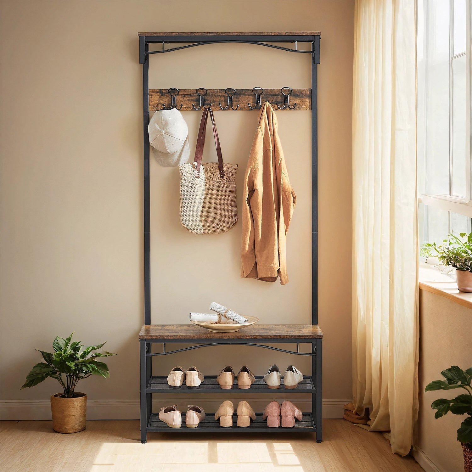 Coat and Shoe Rack with Bench - Metal - Brown - Vintage Design with Shelves and Hooks