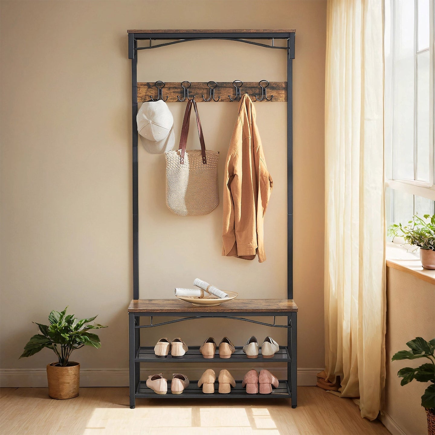 Coat and Shoe Rack with Bench - Metal - Brown - Vintage Design with Shelves and Hooks