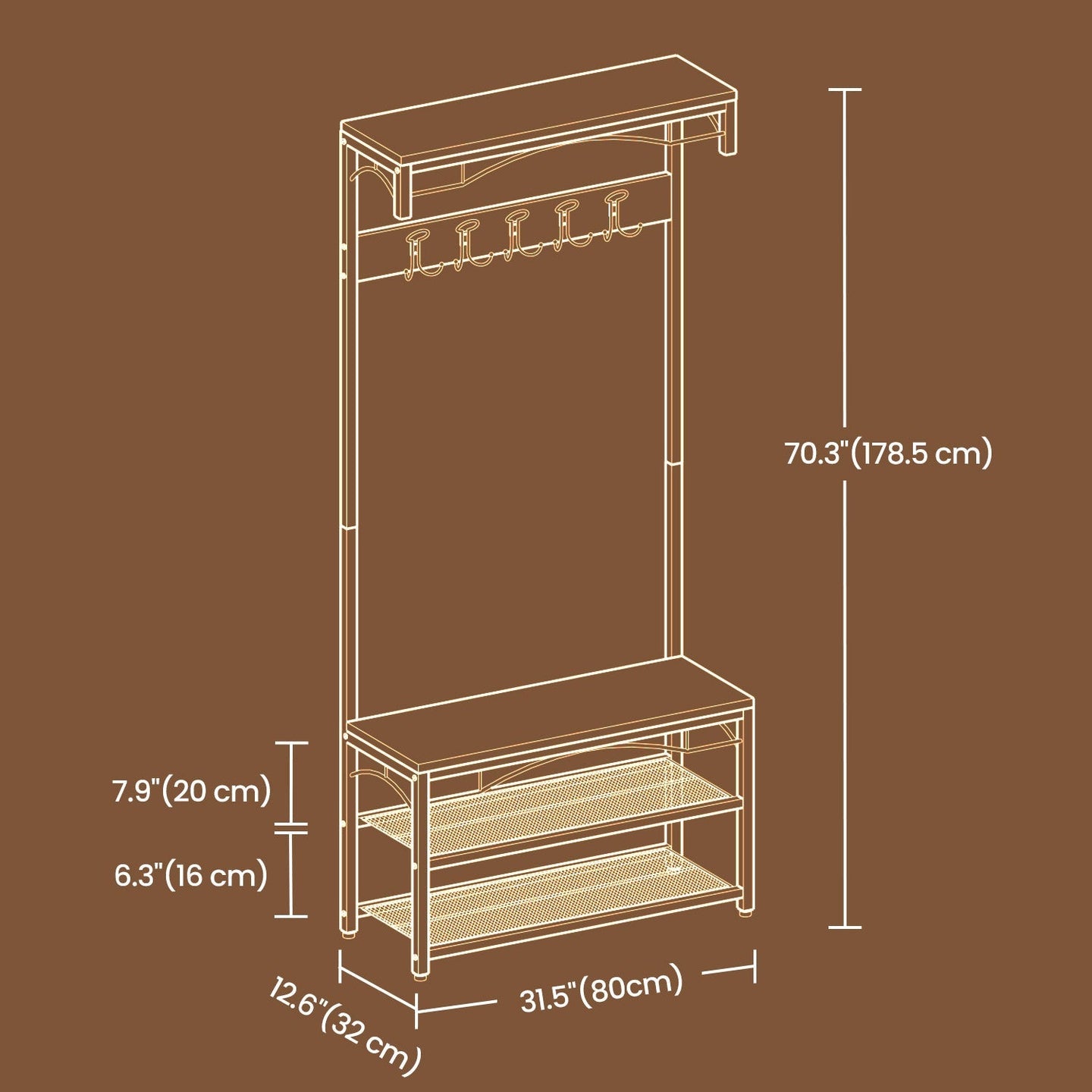 Coat and Shoe Rack with Bench - Metal - Brown - Vintage Design with Shelves and Hooks