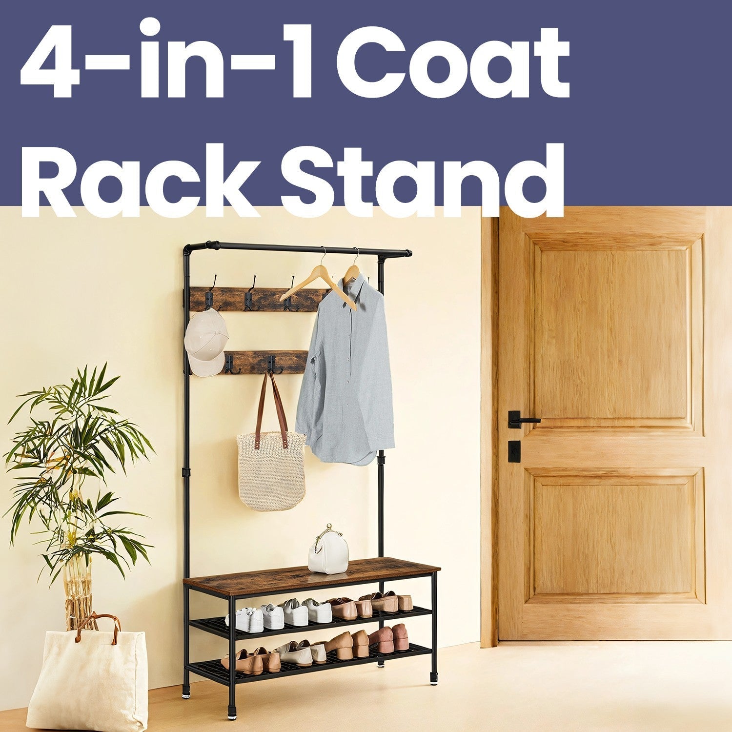 Hall Tree - Steel - Multifunctional with Shoe Storage and 9 Hooks