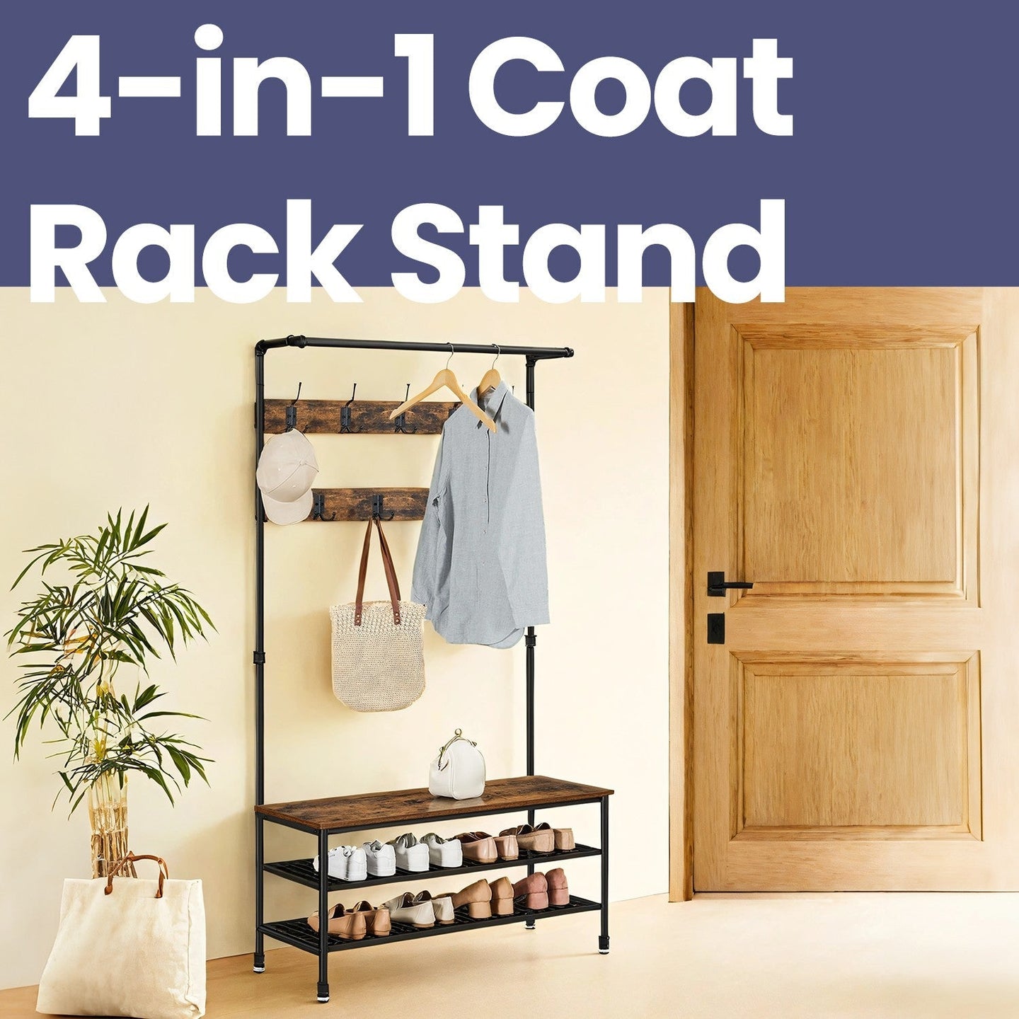 Hall Tree - Steel - Multifunctional with Shoe Storage and 9 Hooks