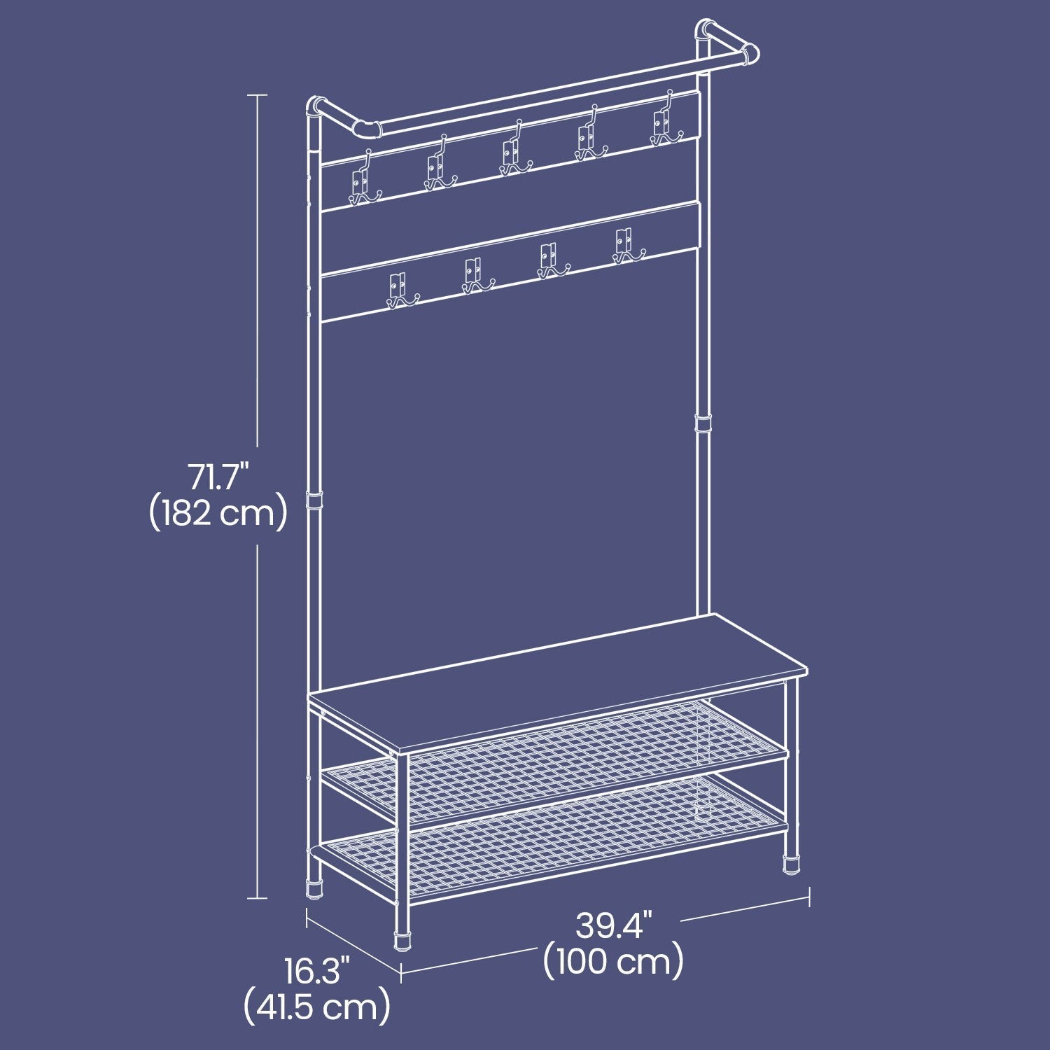 Hall Tree - Steel - Multifunctional with Shoe Storage and 9 Hooks