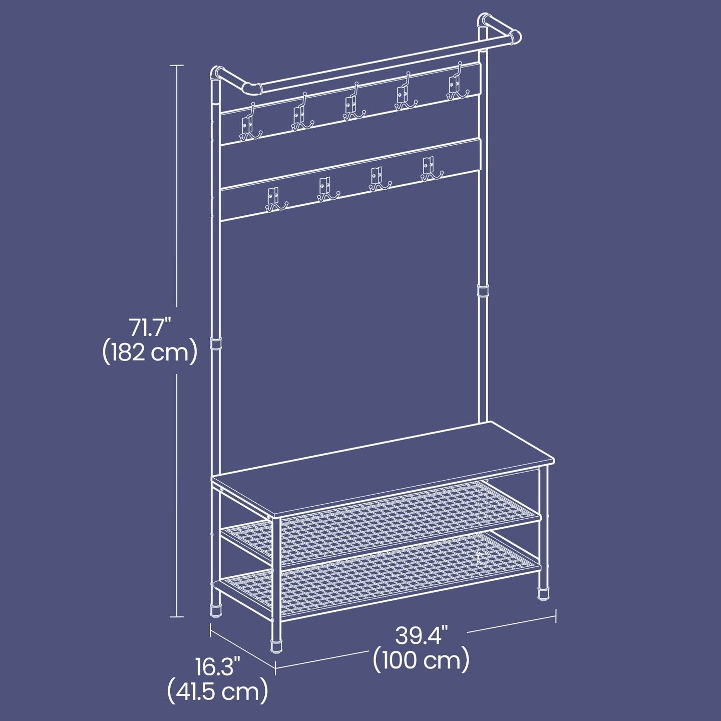 Hall Tree - Steel - Multifunctional with Shoe Storage and 9 Hooks