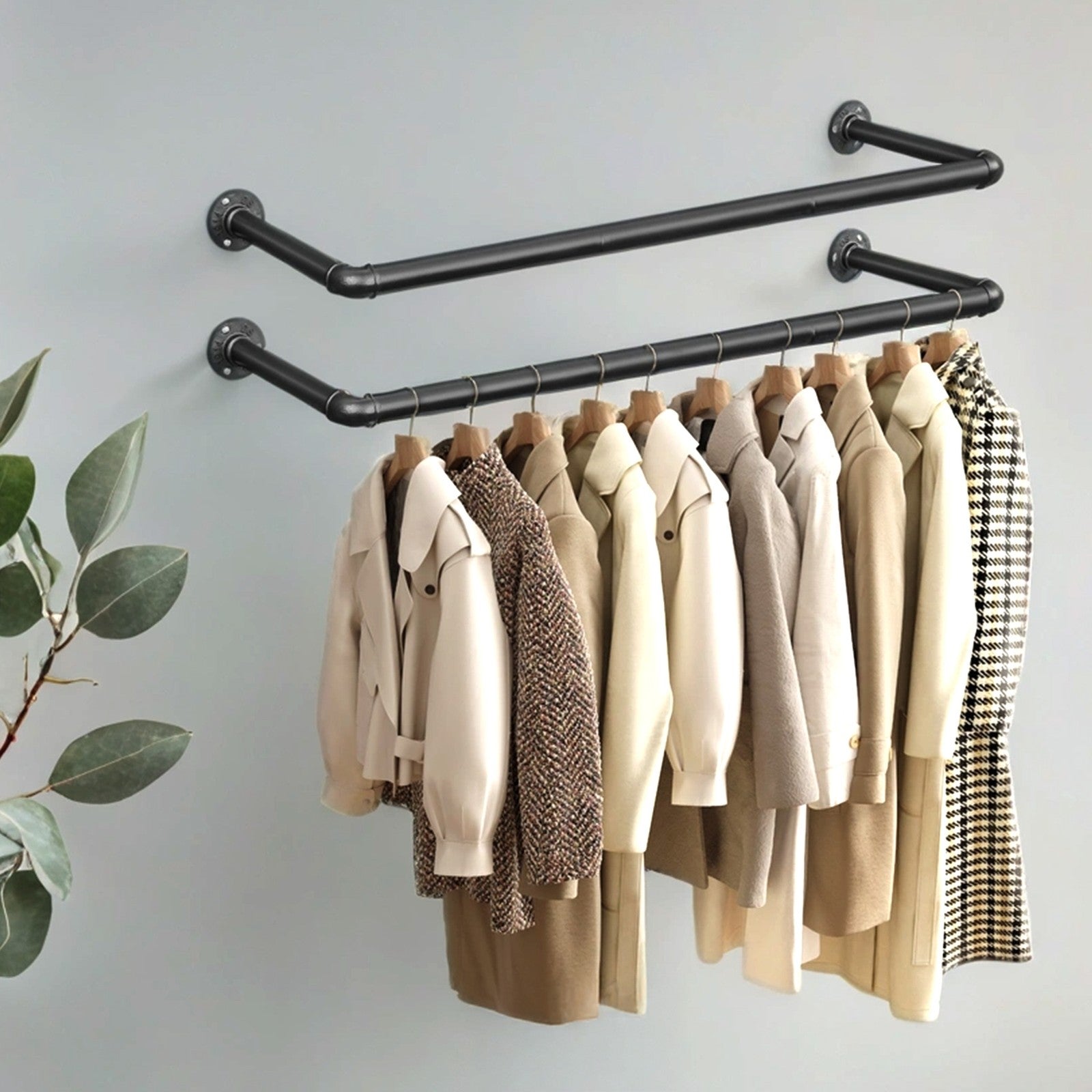 Industrial Pipe Clothes Hanging Rail - Metal - Black - Set of 2