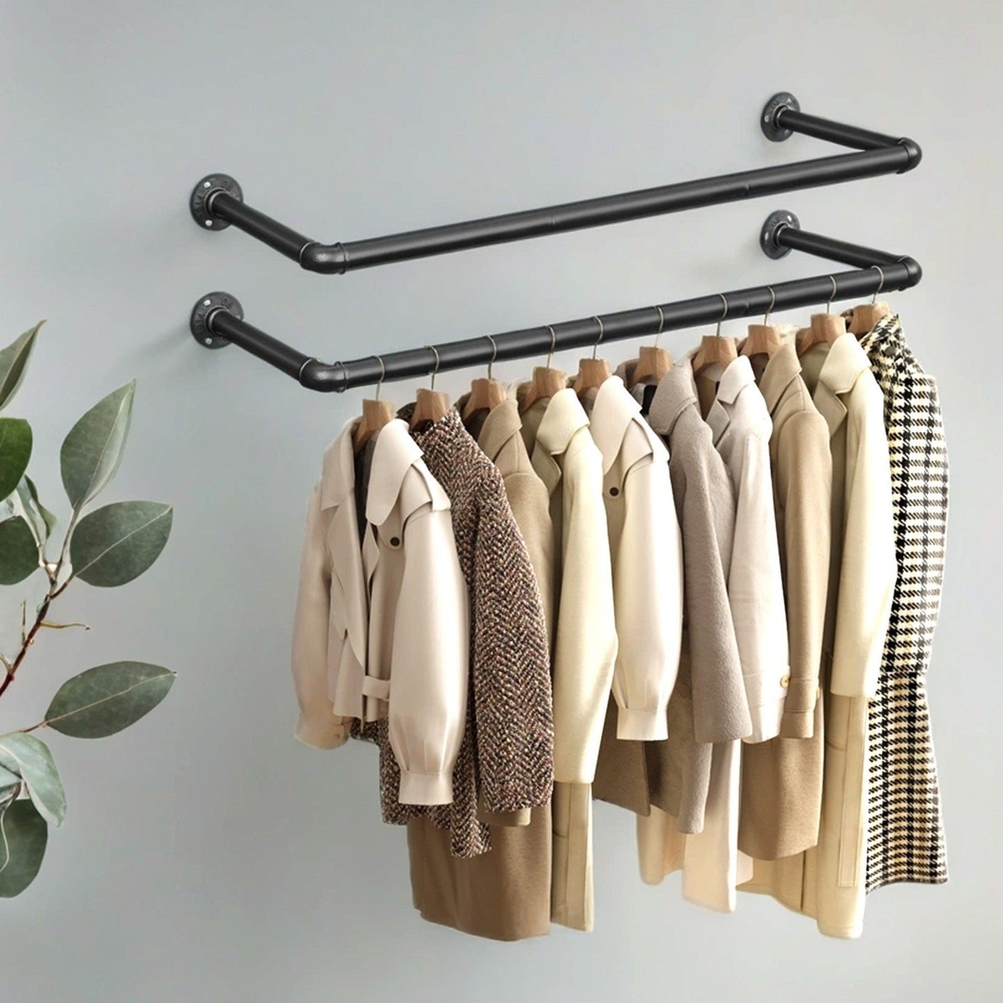 Industrial Pipe Clothes Hanging Rail - Metal - Black - Set of 2