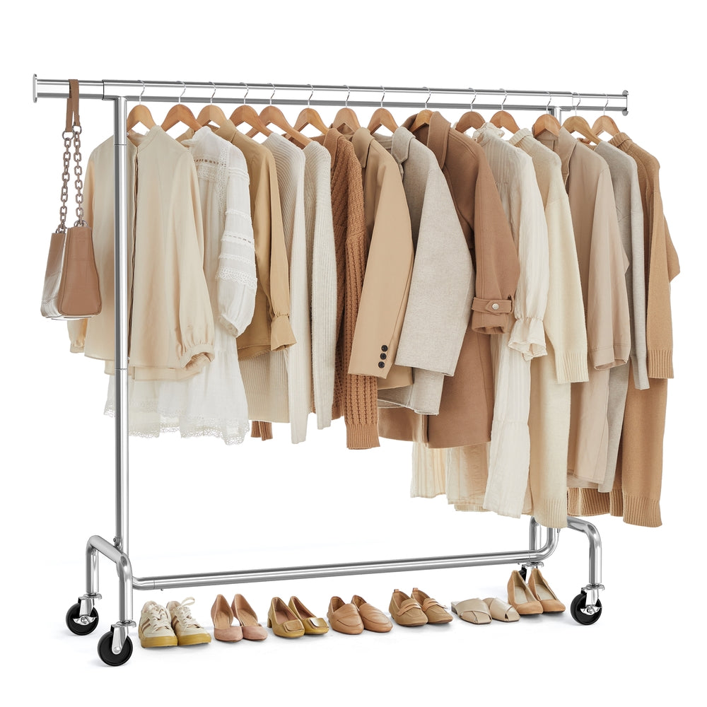 Heavy Duty Clothes Rail - Mental Chromed Tubes and PP Casters - Silver