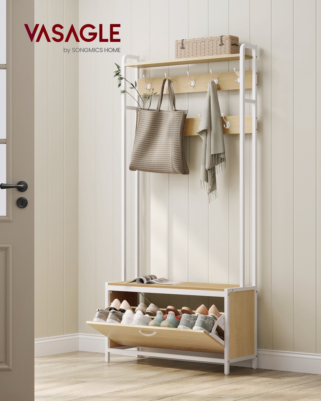 Coat Rack with Shoe Storage - Wood - Golden Oak
