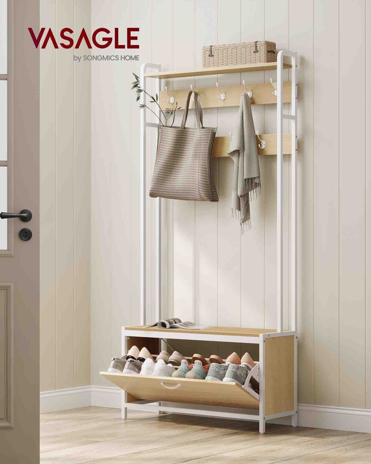 Coat Rack with Shoe Storage - Wood - Golden Oak