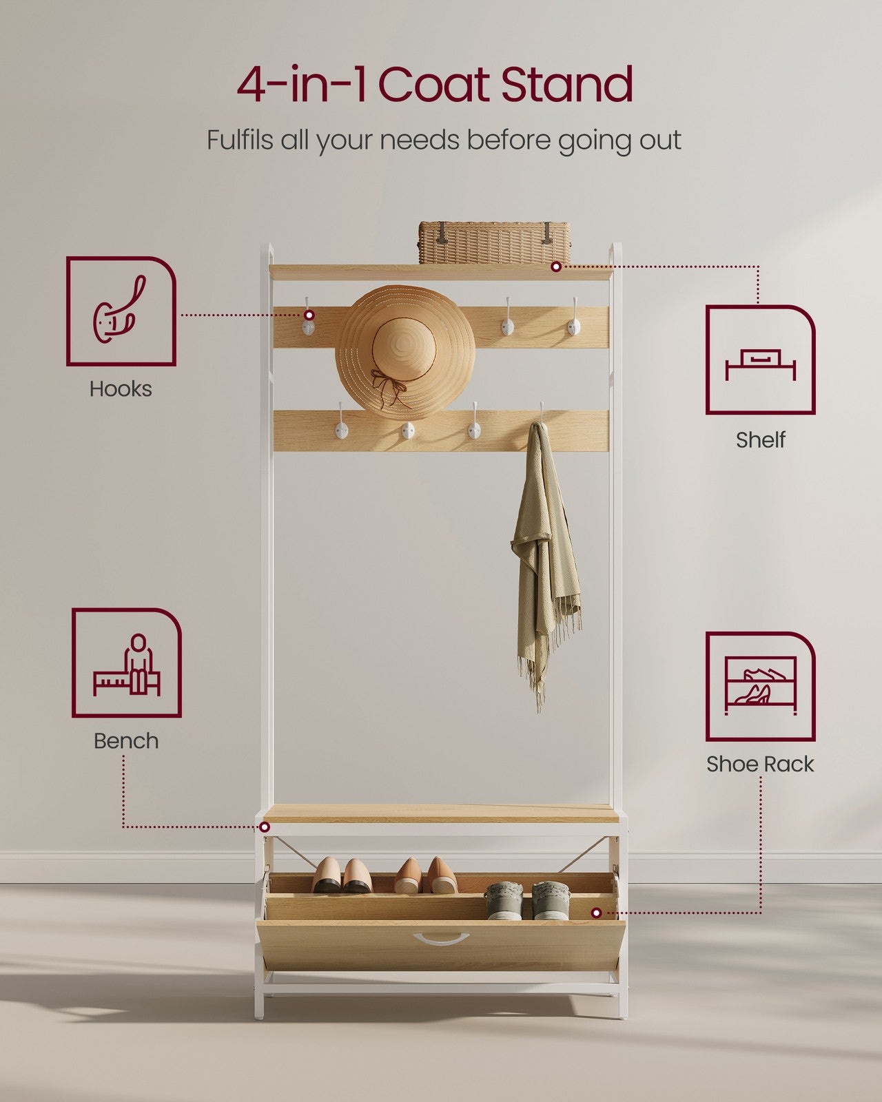 Coat Rack with Shoe Storage - Wood - Golden Oak
