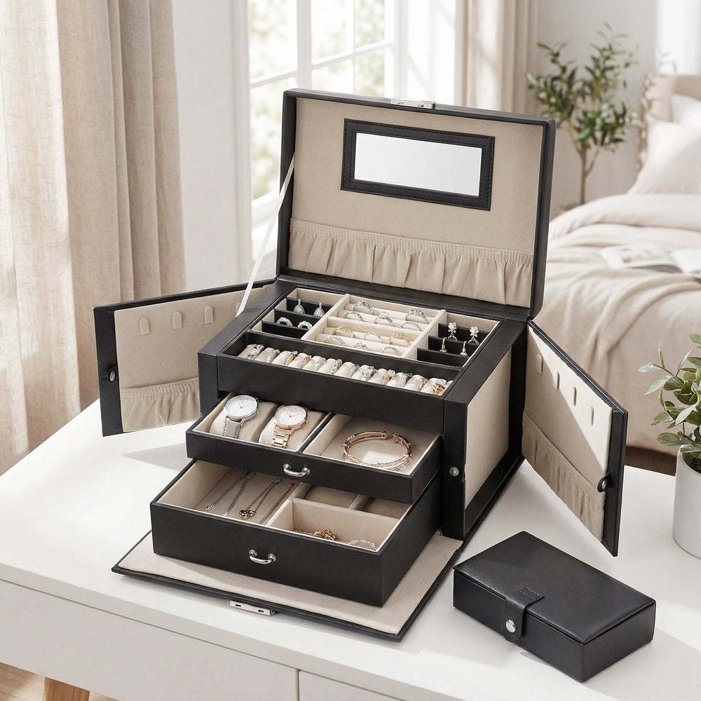 Jewellery Storage Case - 3-Layer - PU - Lockable Design