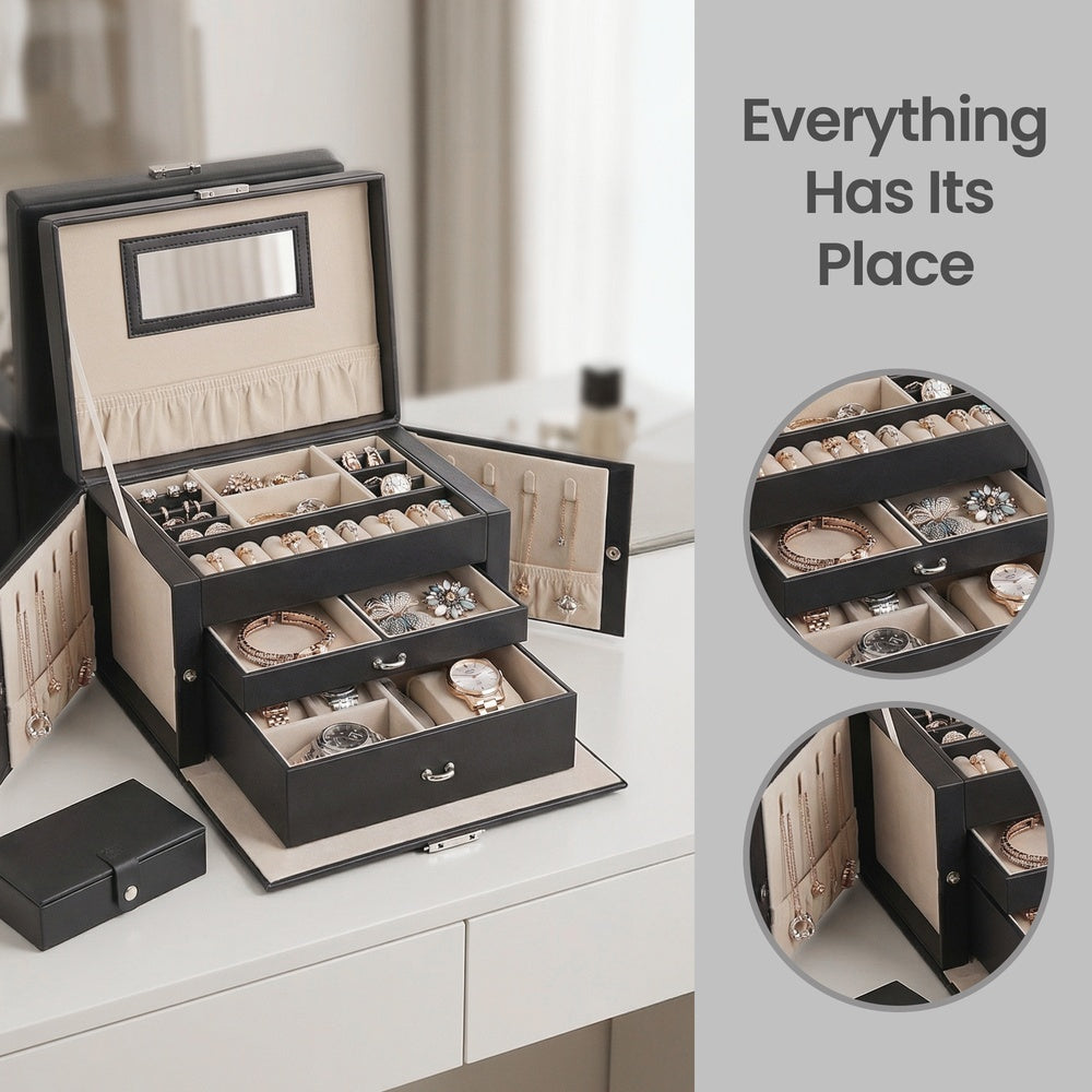 Jewellery Storage Case - 3-Layer - PU - Lockable Design