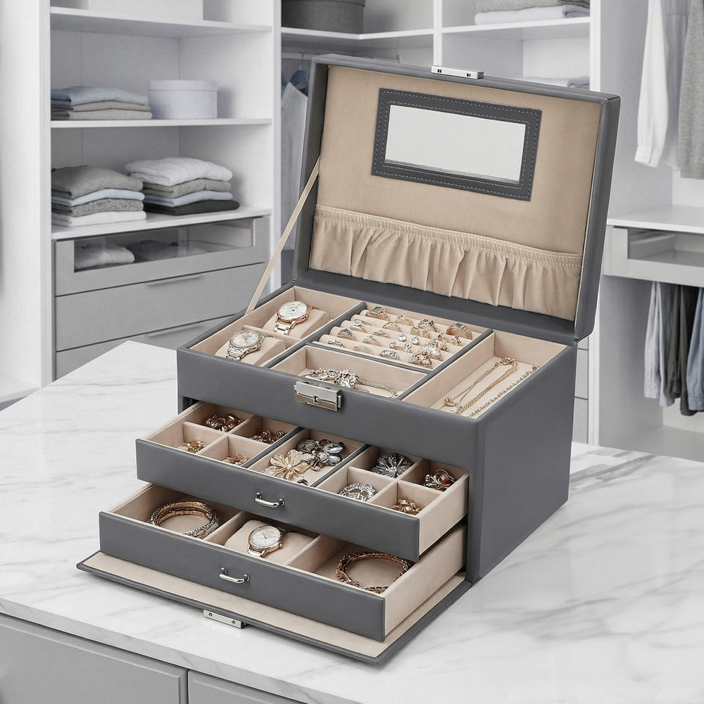 Jewellery Storage Case - 3 Layers - PU - Lockable with Handle