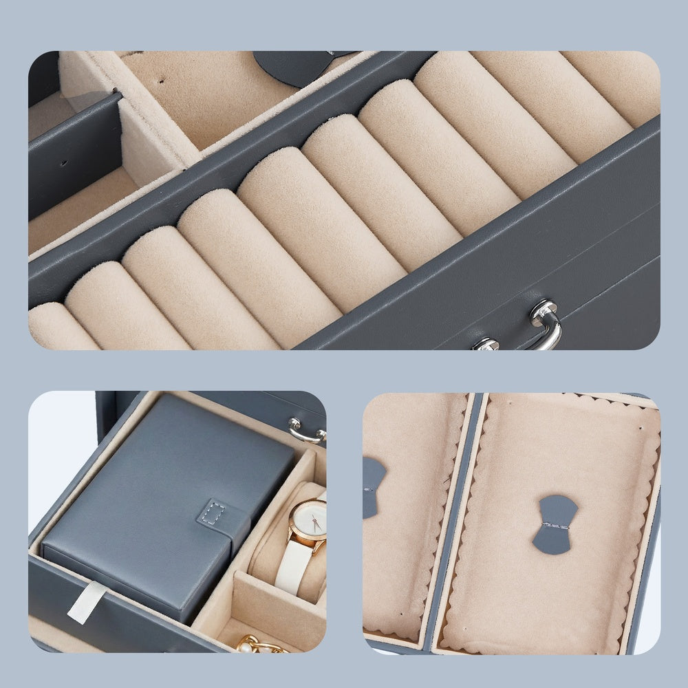Jewellery Storage Case - 3 Layers - PU - Lockable with Handle